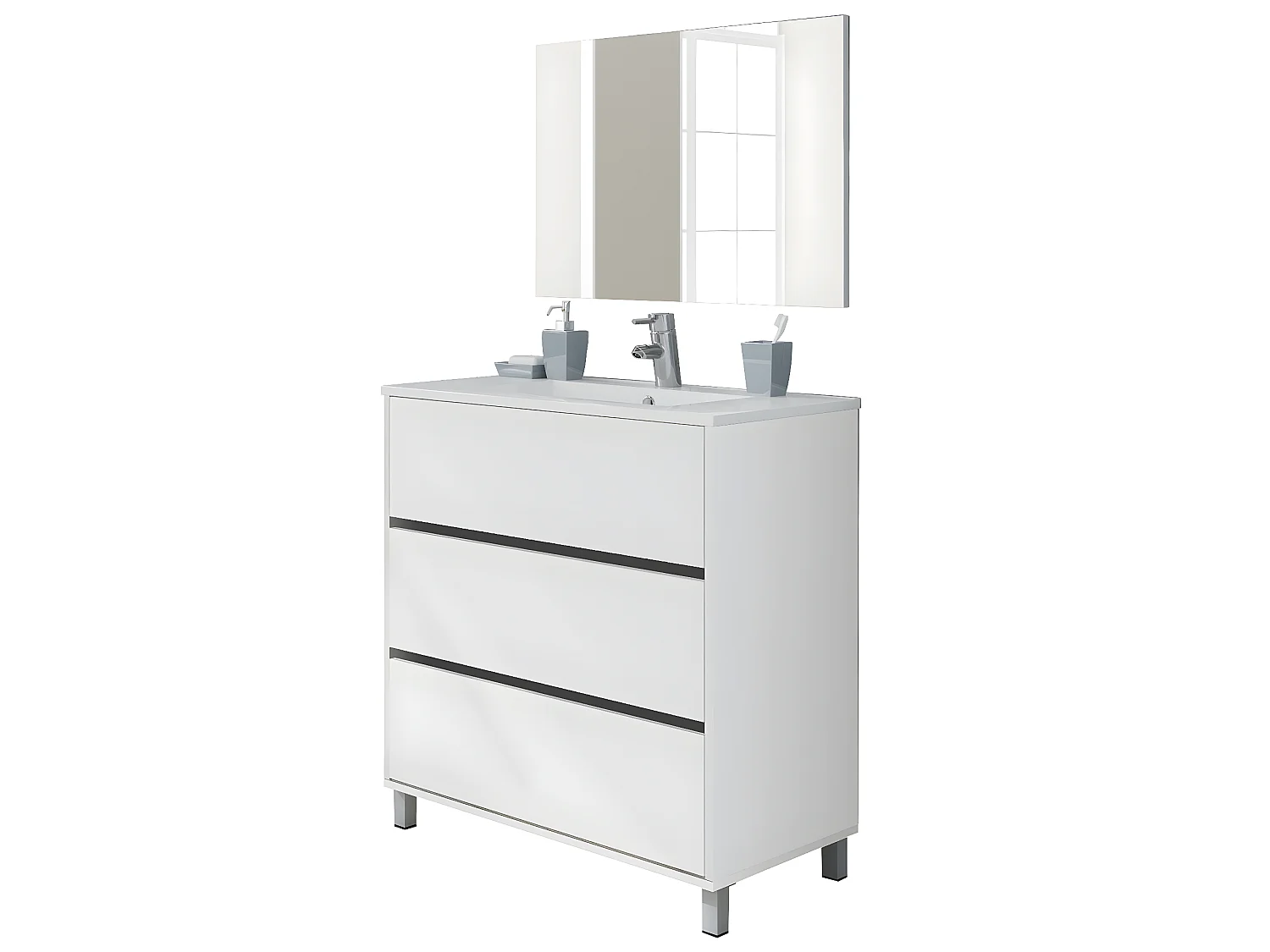 Meuble Vasque avec miroir coloris blanc brillant - Hauteur 90 x Longueur 81.5 x Profondeur 46.5 cm