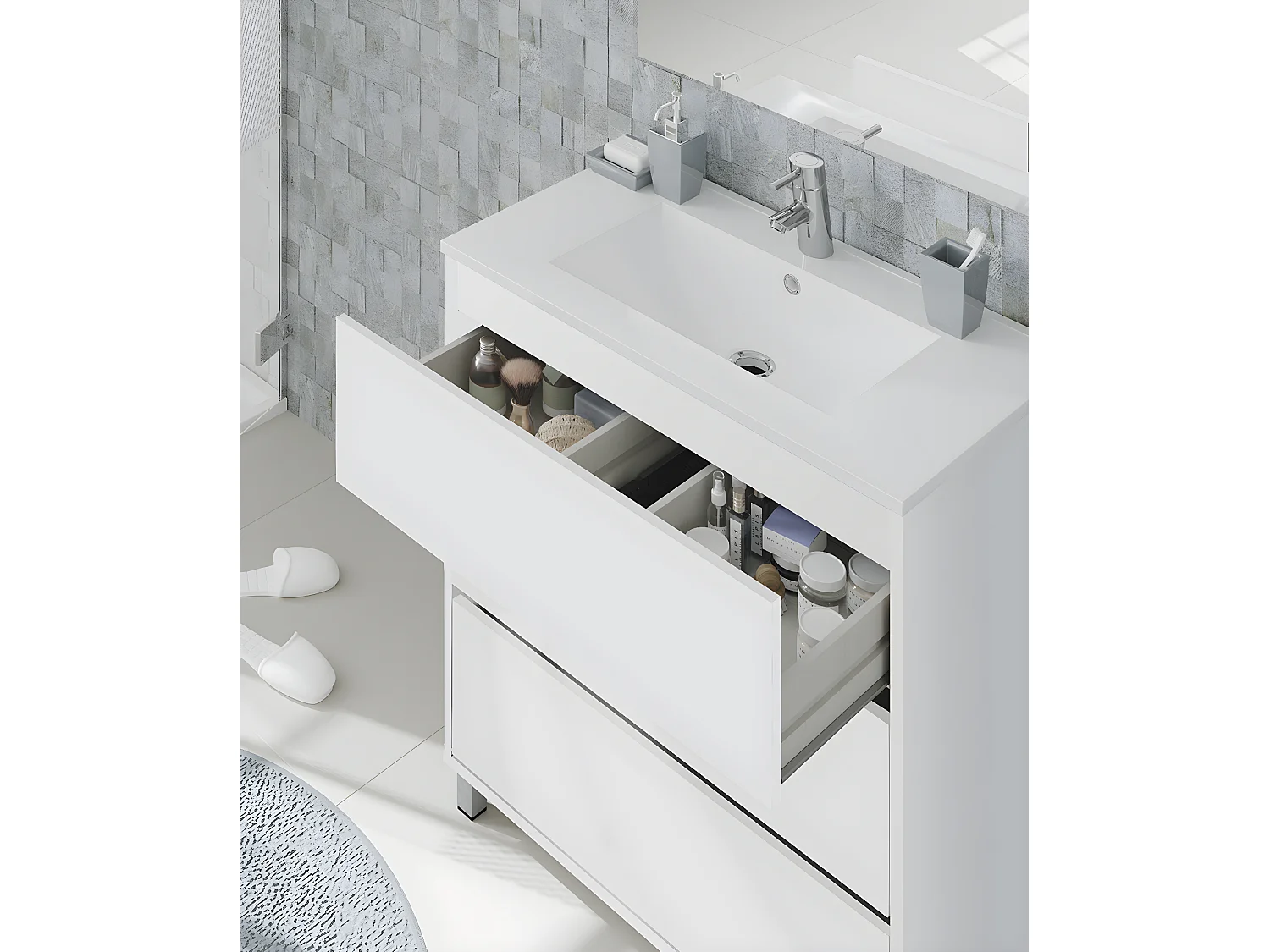 Meuble Vasque avec miroir coloris blanc brillant - Hauteur 90 x Longueur 81.5 x Profondeur 46.5 cm