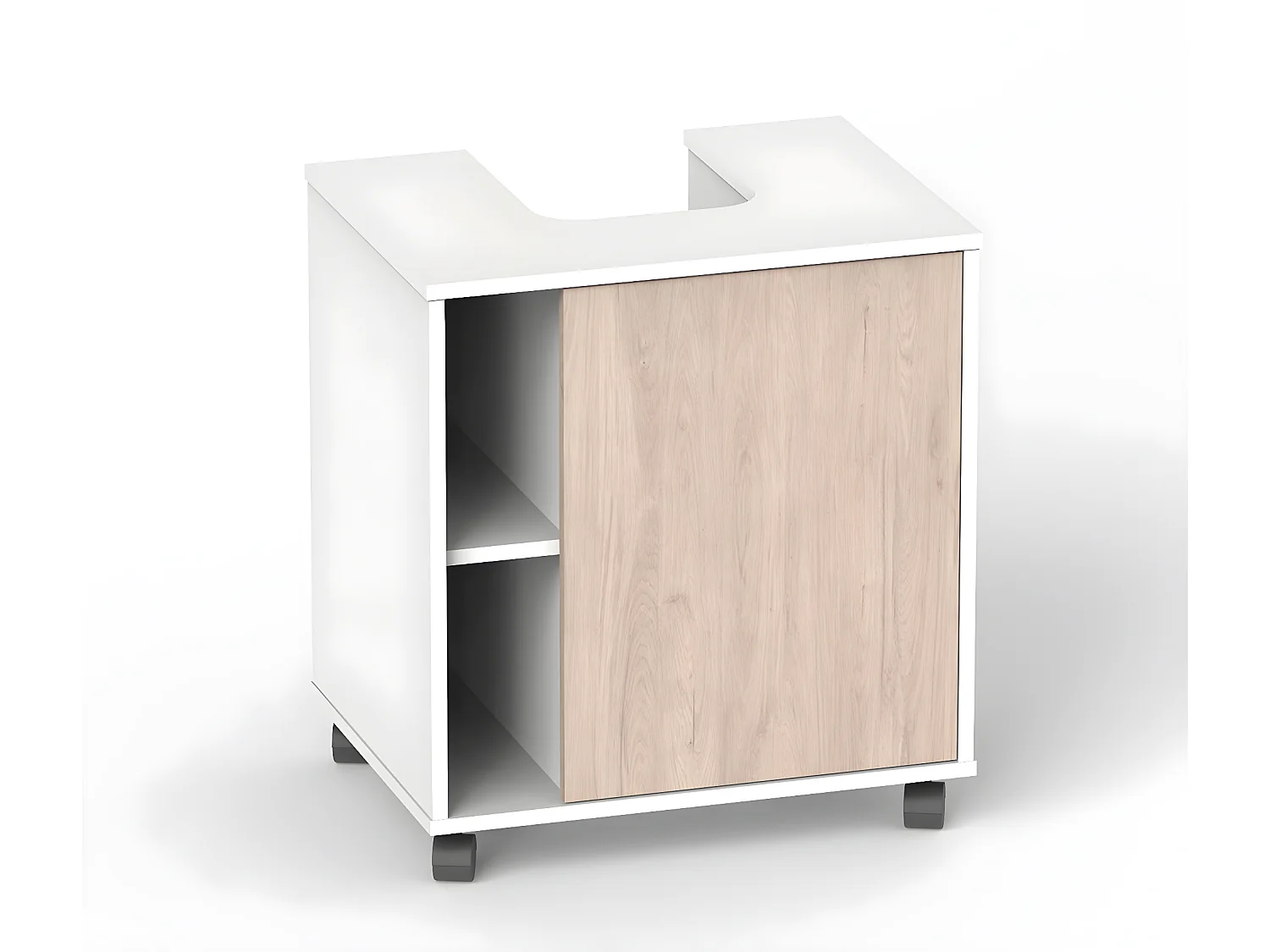 Meuble sous lavabo 1 porte coloris Blanc brillant / effet bois - Hauteur 64 x Longueur 59 x Profondeur 45 cm