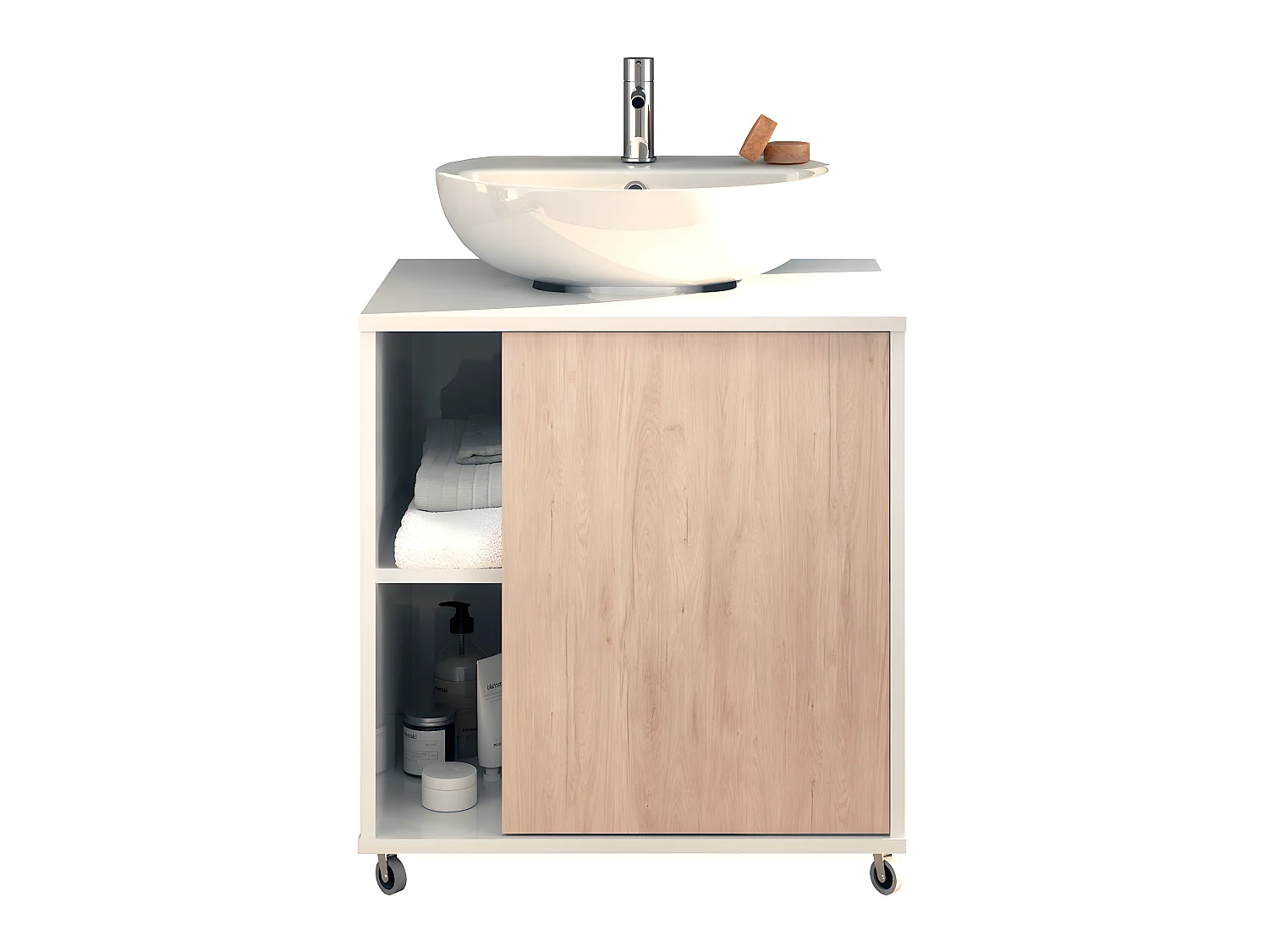 Meuble sous lavabo 1 porte coloris Blanc brillant / effet bois - Hauteur 64 x Longueur 59 x Profondeur 45 cm