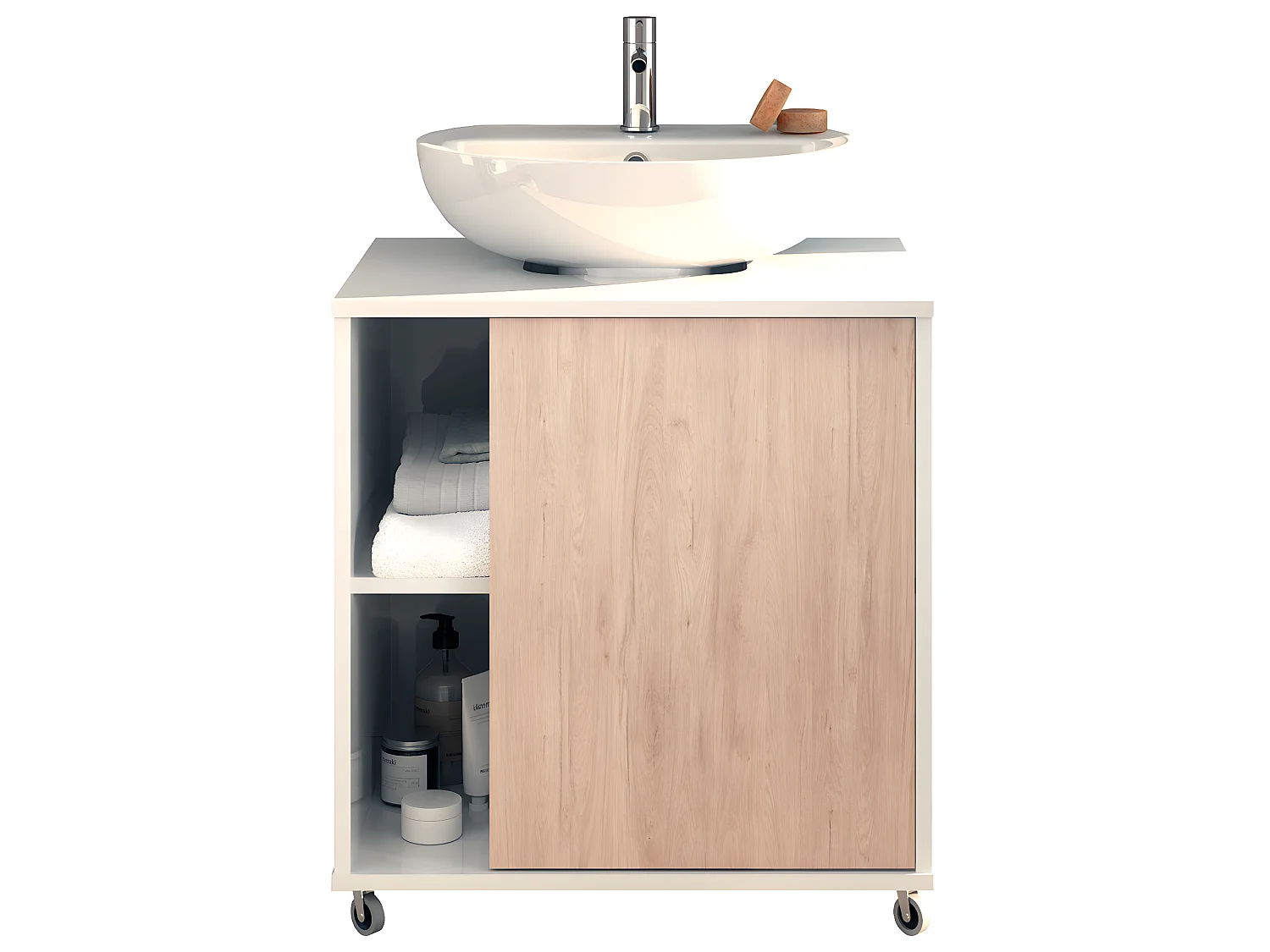 Meuble sous lavabo 1 porte coloris Blanc brillant / effet bois - Hauteur 64 x Longueur 59 x Profondeur 45 cm
