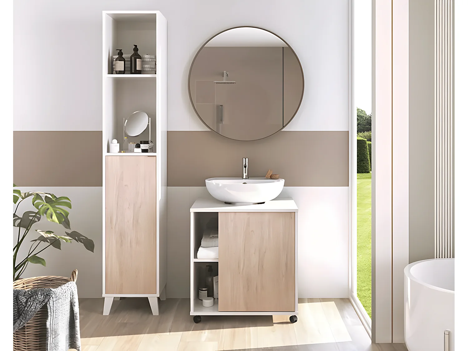 Meuble sous lavabo 1 porte coloris Blanc brillant / effet bois - Hauteur 64 x Longueur 59 x Profondeur 45 cm