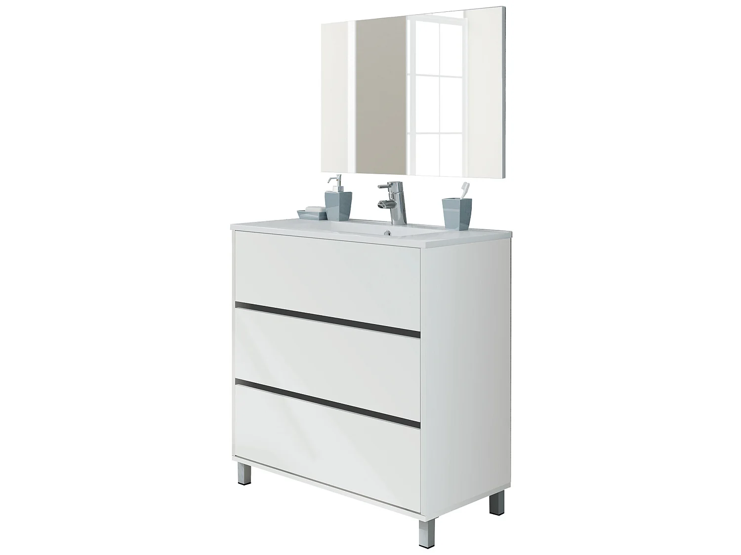 Meuble de salle de bain avec 3 portes coloris blanc - Hauteur 88 x Longueur 81 x Profondeur 47 cm