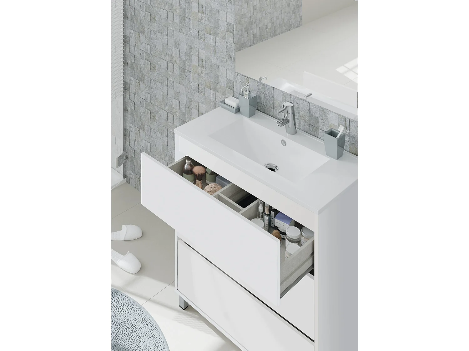 Meuble de salle de bain avec 3 portes coloris blanc - Hauteur 88 x Longueur 81 x Profondeur 47 cm