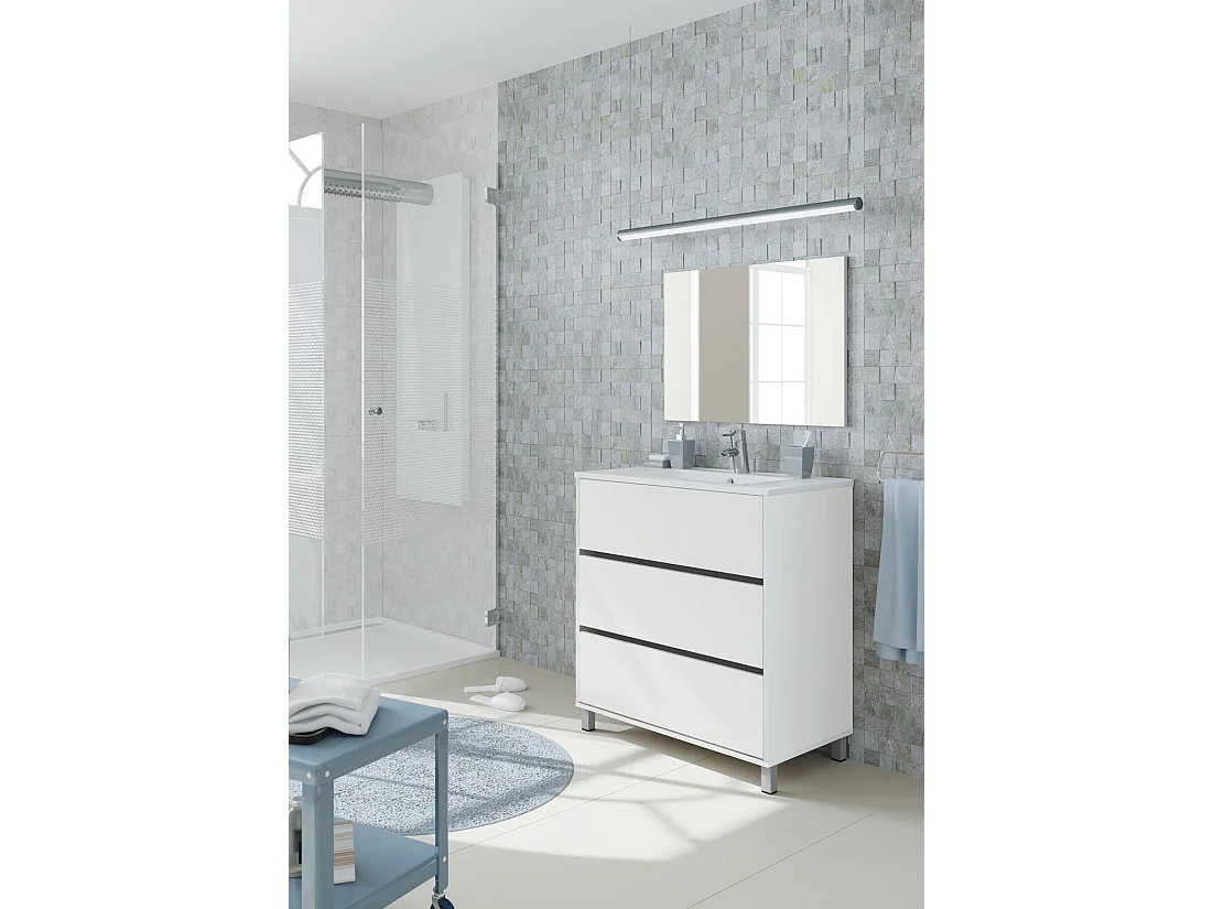 Meuble de salle de bain avec 3 portes coloris blanc - Hauteur 88 x Longueur 81 x Profondeur 47 cm
