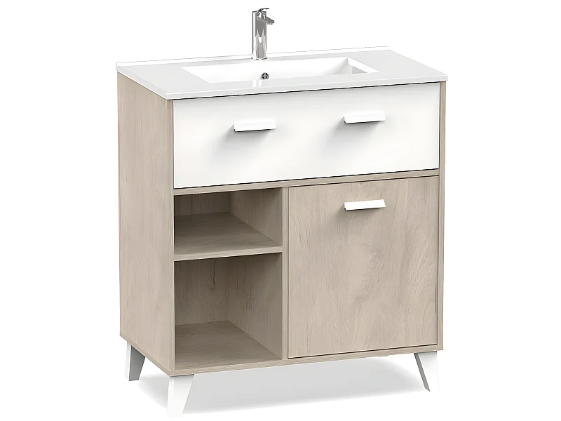 Meuble Vasque 1 porte + 1 tiroir coloris effet bois / blanc - Hauteur 90 x Longueur 82 x Profondeur 47 cm