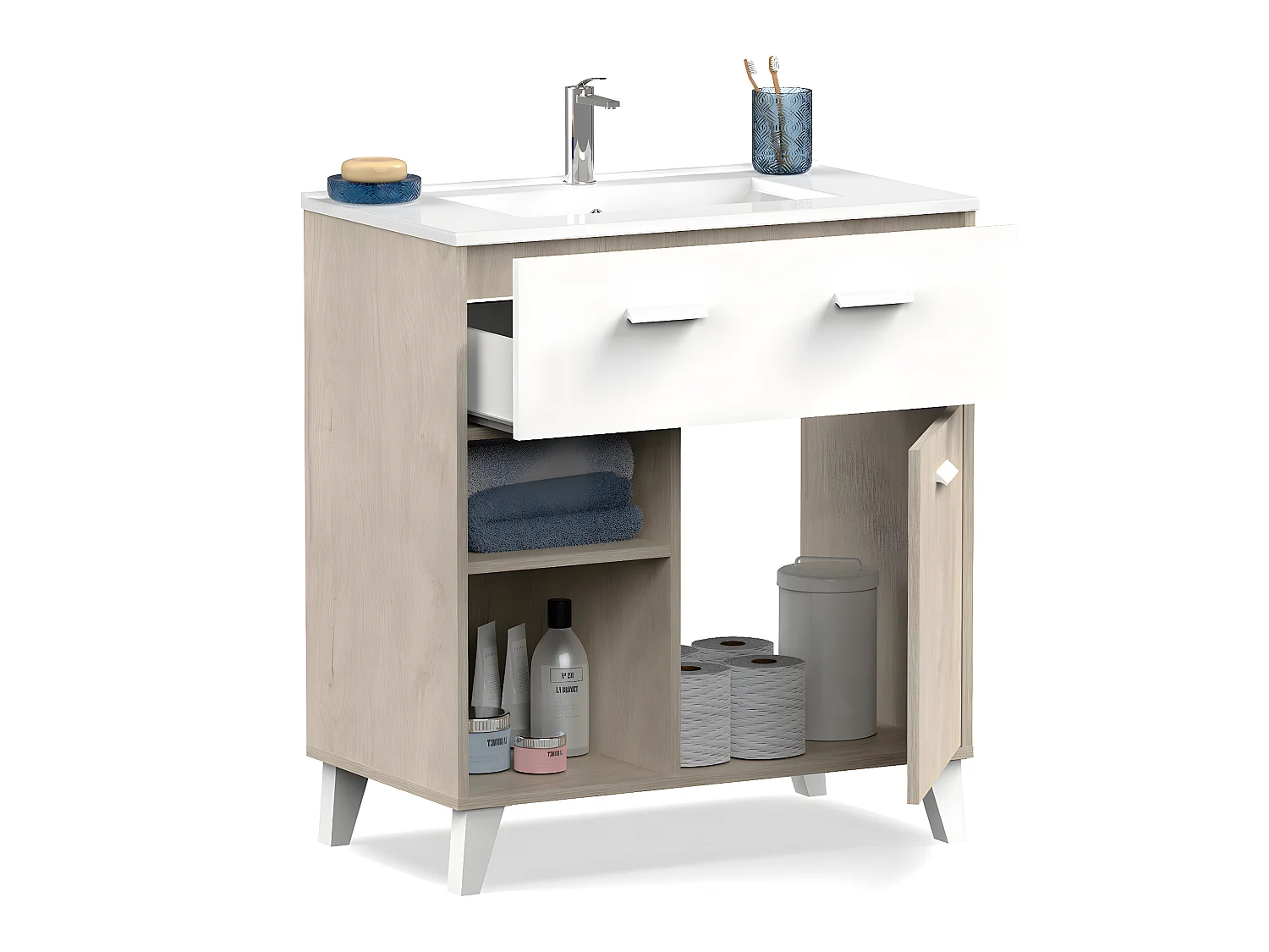Meuble Vasque 1 porte + 1 tiroir coloris effet bois / blanc - Hauteur 90 x Longueur 82 x Profondeur 47 cm