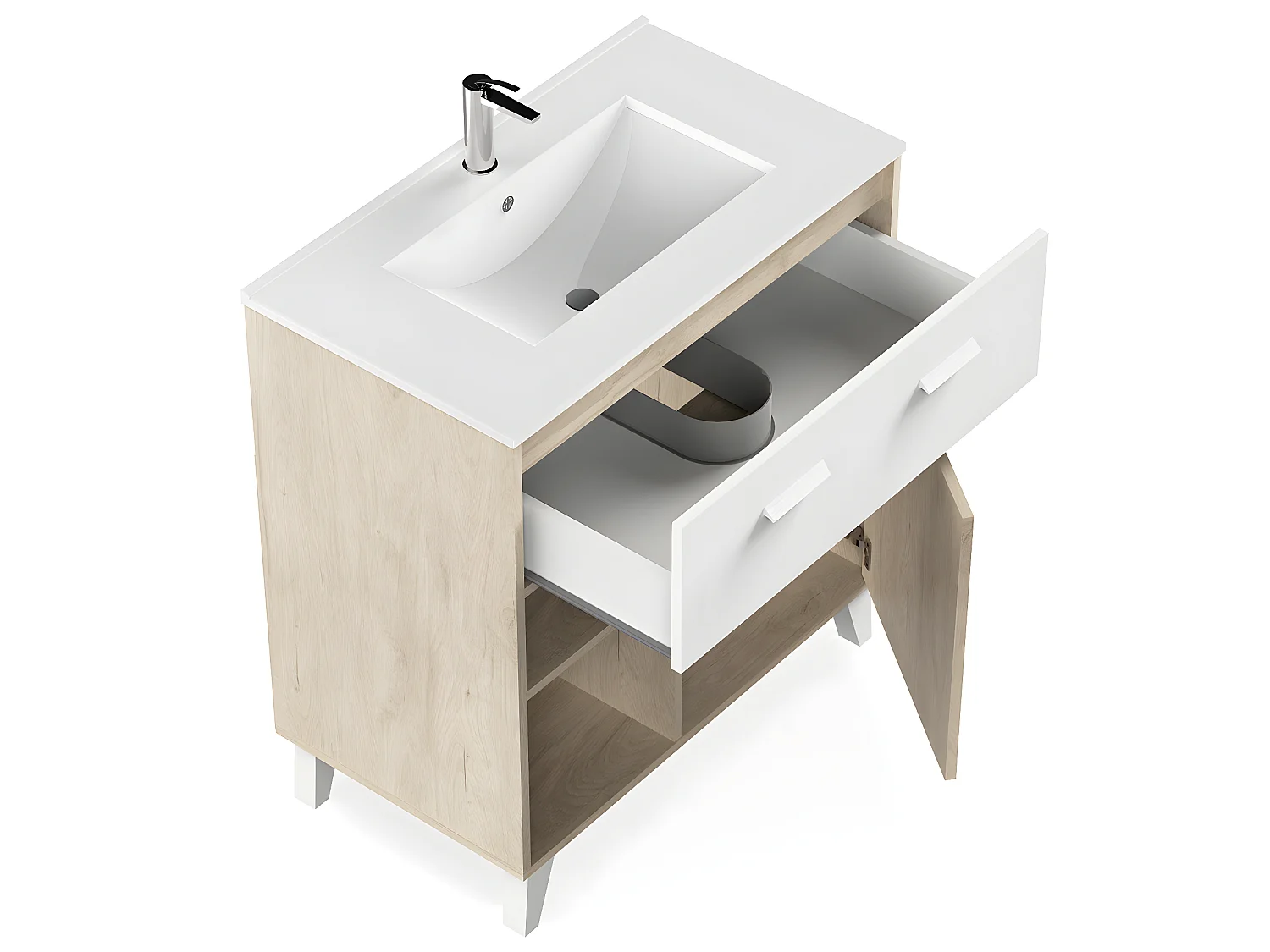 Meuble Vasque 1 porte + 1 tiroir coloris effet bois / blanc - Hauteur 90 x Longueur 82 x Profondeur 47 cm
