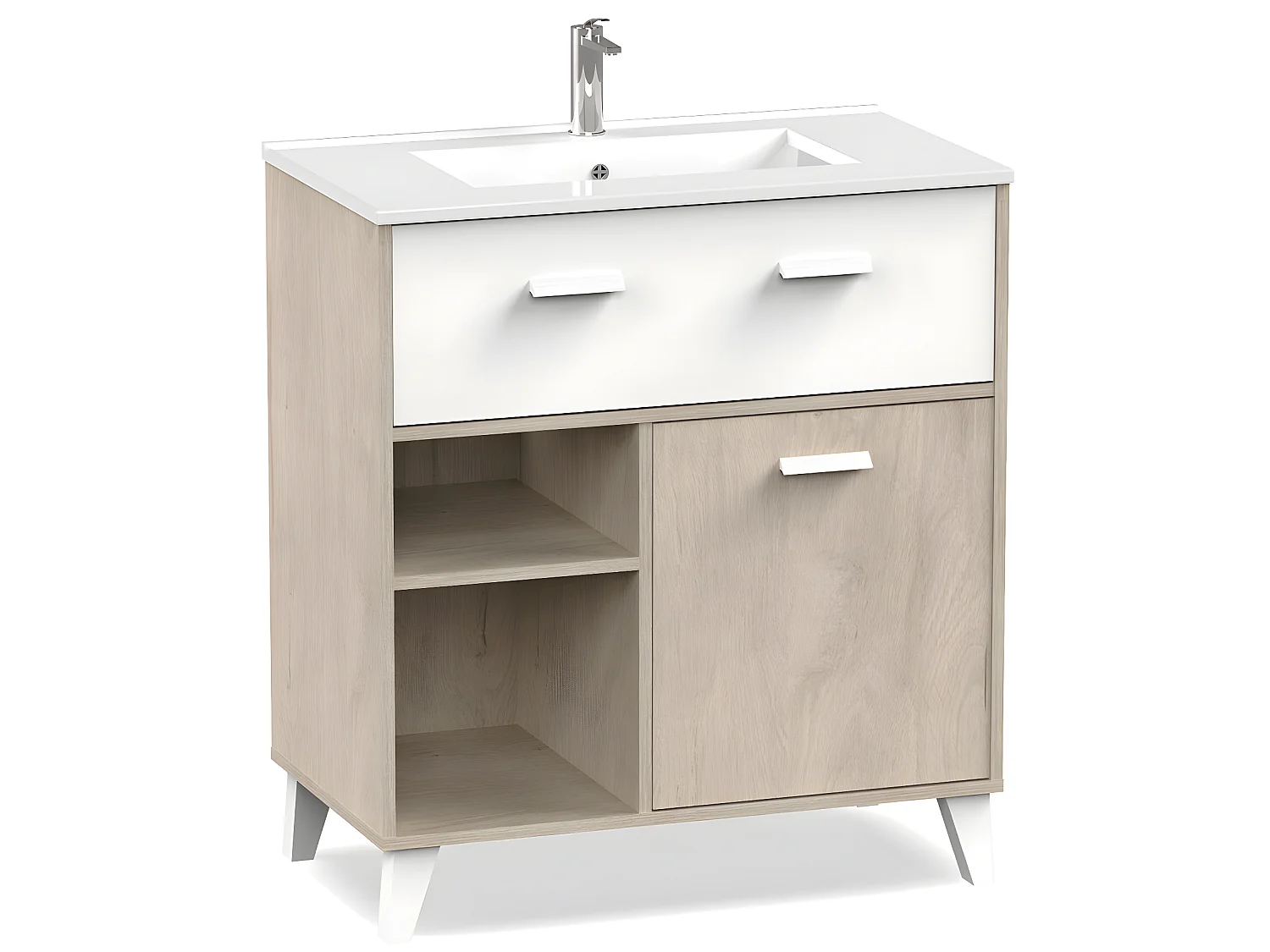 Meuble Vasque 1 porte + 1 tiroir coloris effet bois / blanc - Hauteur 90 x Longueur 82 x Profondeur 47 cm