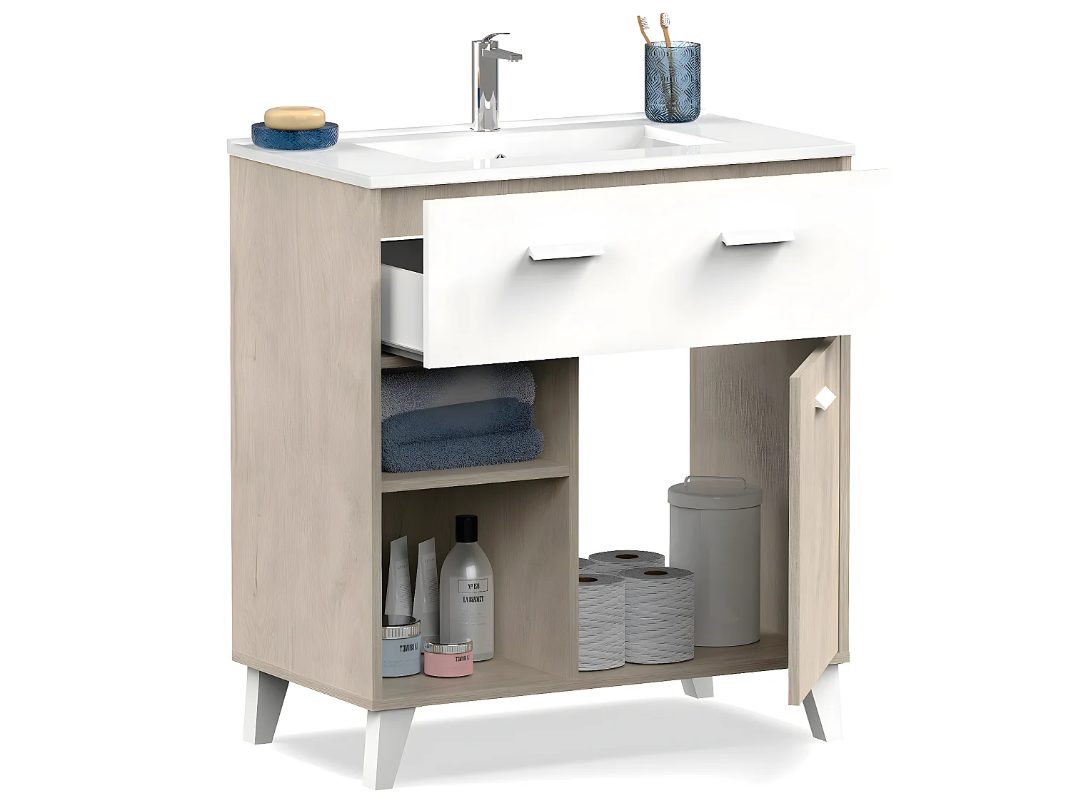 Meuble Vasque 1 porte + 1 tiroir coloris effet bois / blanc - Hauteur 90 x Longueur 82 x Profondeur 47 cm