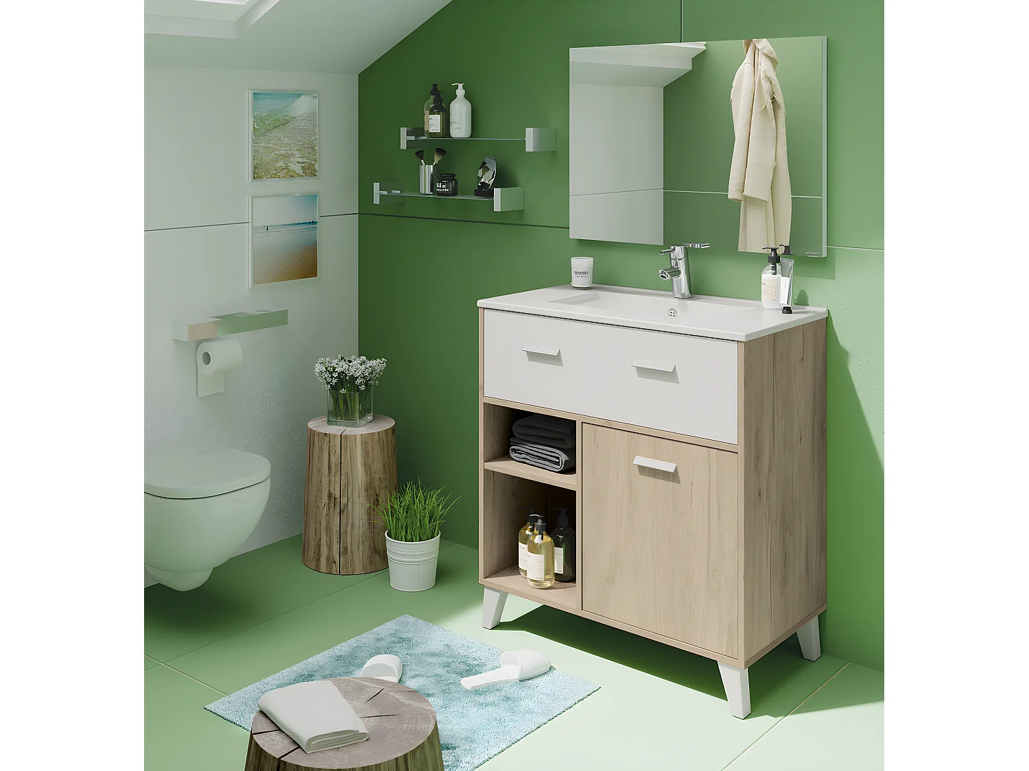 Meuble Vasque 1 porte + 1 tiroir coloris effet bois / blanc - Hauteur 90 x Longueur 82 x Profondeur 47 cm