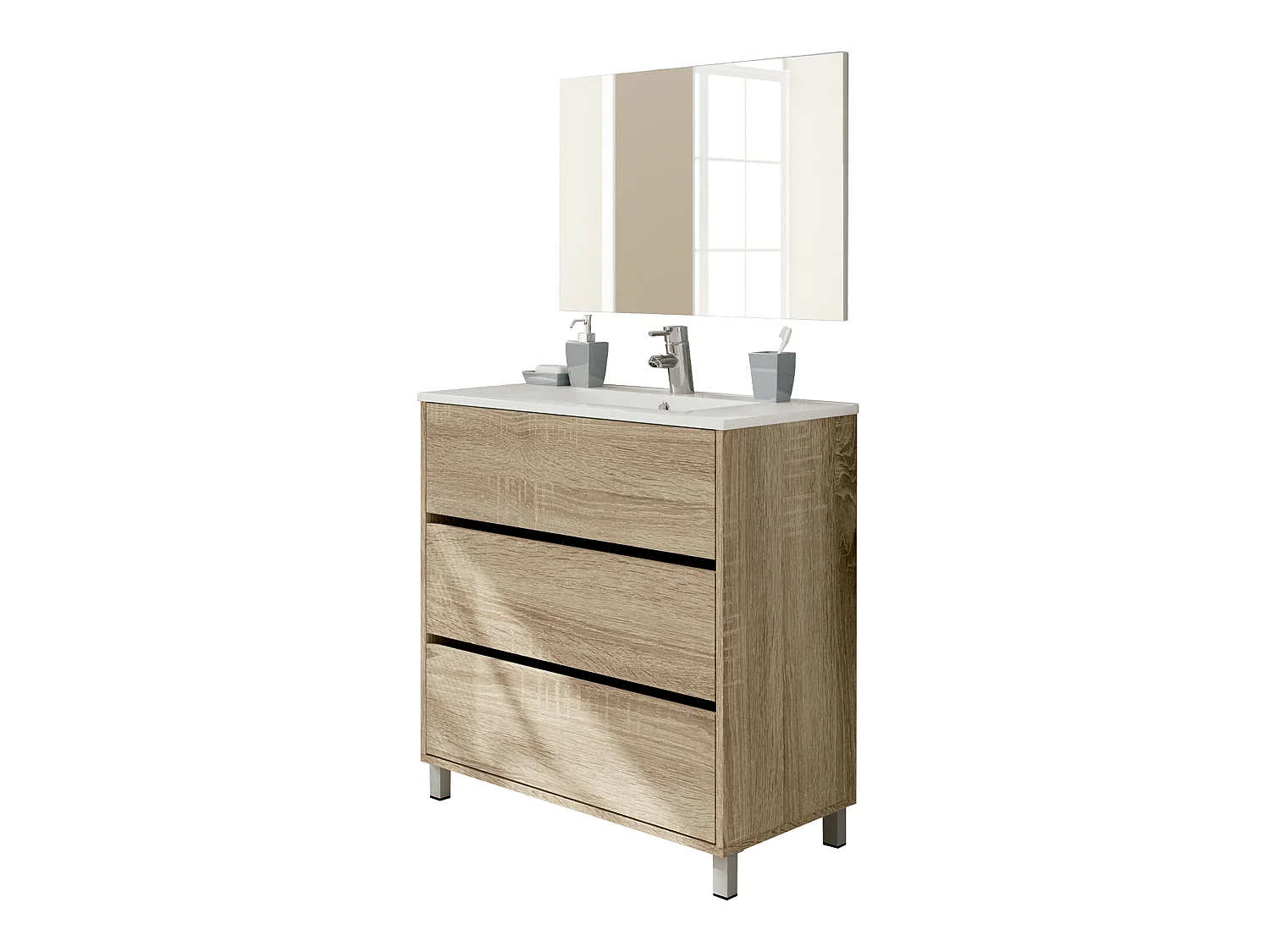 Meuble de salle de bain avec 3 portes coloris chêne cambian - Hauteur 88 x Longueur 81,5 x Profondeur 46,5 cm