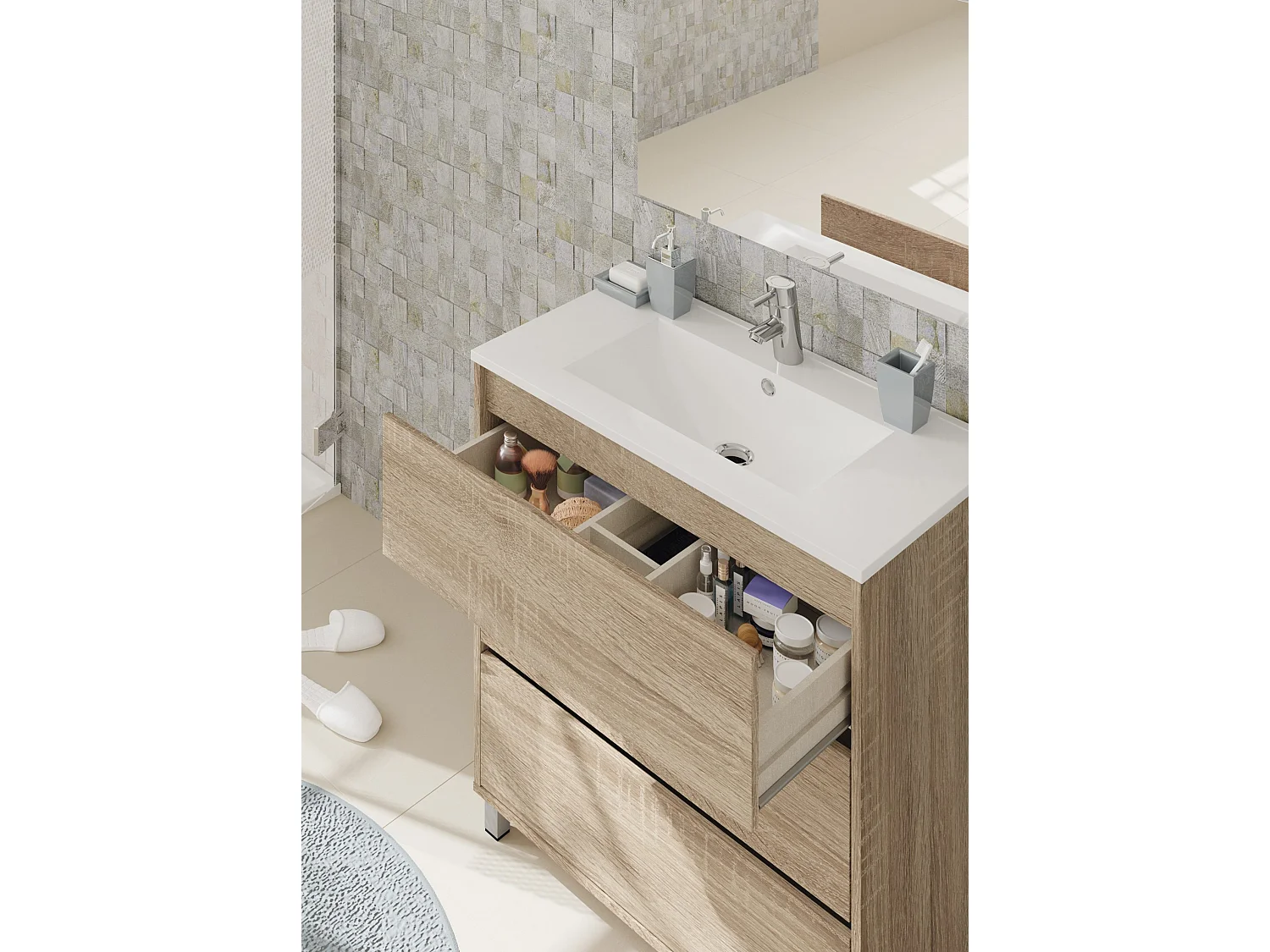 Meuble de salle de bain avec 3 portes coloris chêne cambian - Hauteur 88 x Longueur 81,5 x Profondeur 46,5 cm