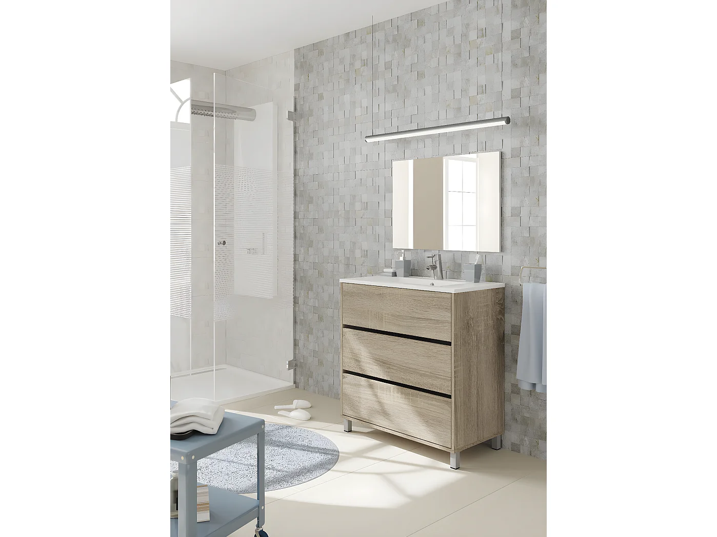 Meuble de salle de bain avec 3 portes coloris chêne cambian - Hauteur 88 x Longueur 81,5 x Profondeur 46,5 cm