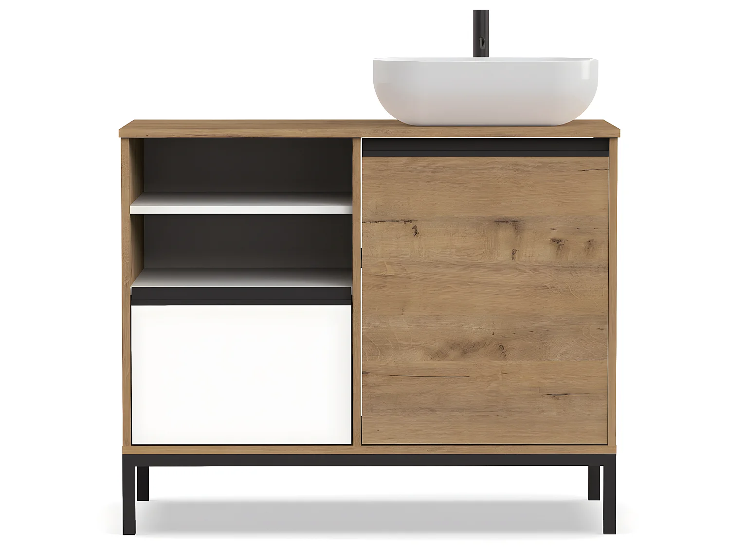 Meuble Vasque 1 porte + 1 tiroir coloris chêne doré/ blanc - Hauteur 95.5 x Longueur 100 x Profondeur 51 cm