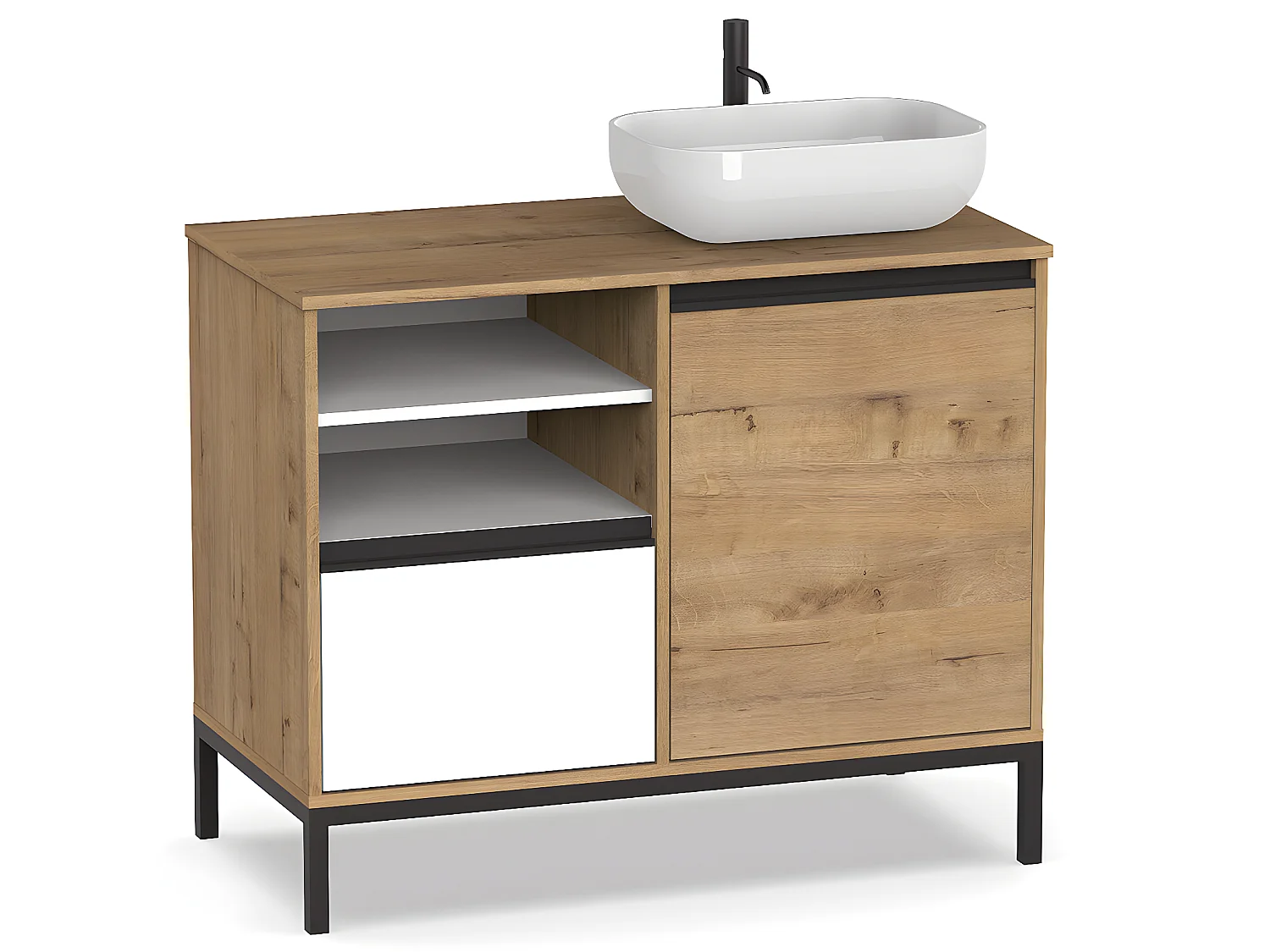 Meuble Vasque 1 porte + 1 tiroir coloris chêne doré/ blanc - Hauteur 95.5 x Longueur 100 x Profondeur 51 cm