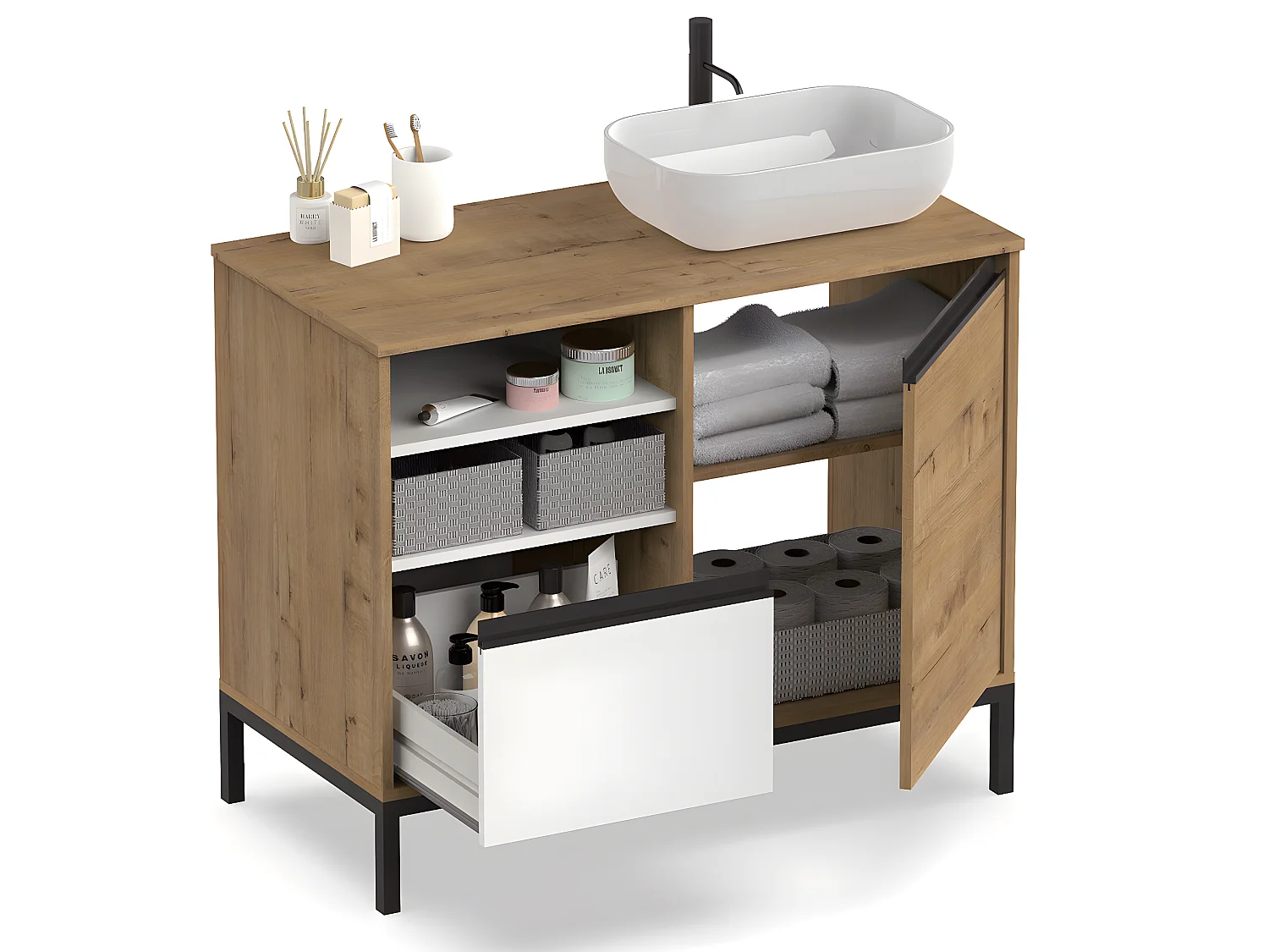 Meuble Vasque 1 porte + 1 tiroir coloris chêne doré/ blanc - Hauteur 95.5 x Longueur 100 x Profondeur 51 cm