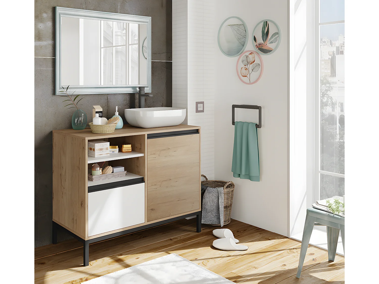 Meuble Vasque 1 porte + 1 tiroir coloris chêne doré/ blanc - Hauteur 95.5 x Longueur 100 x Profondeur 51 cm