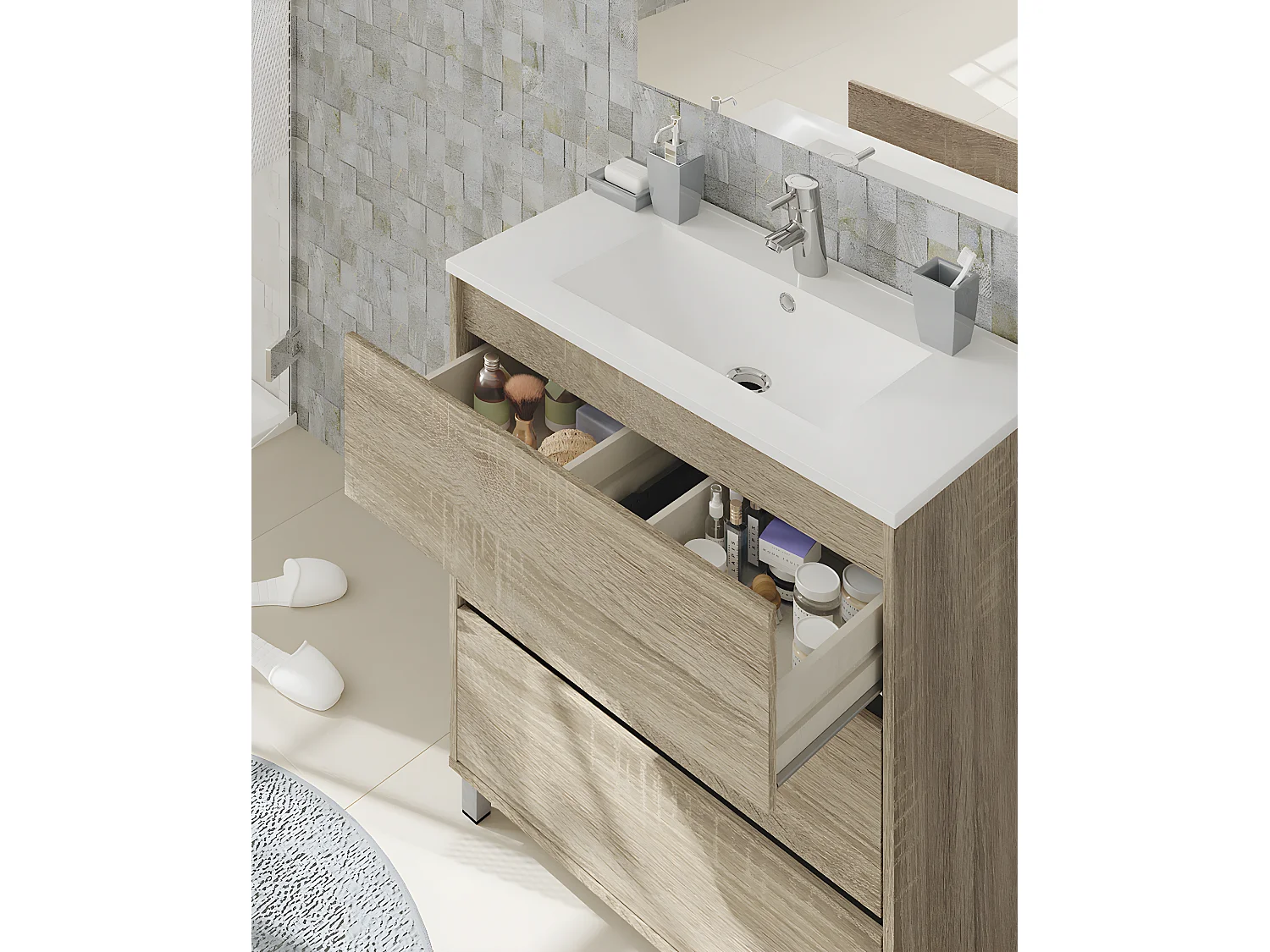 Meuble Vasque avec miroir coloris Cambrian - Hauteur 90 x Longueur 81.5 x Profondeur 46.5 cm