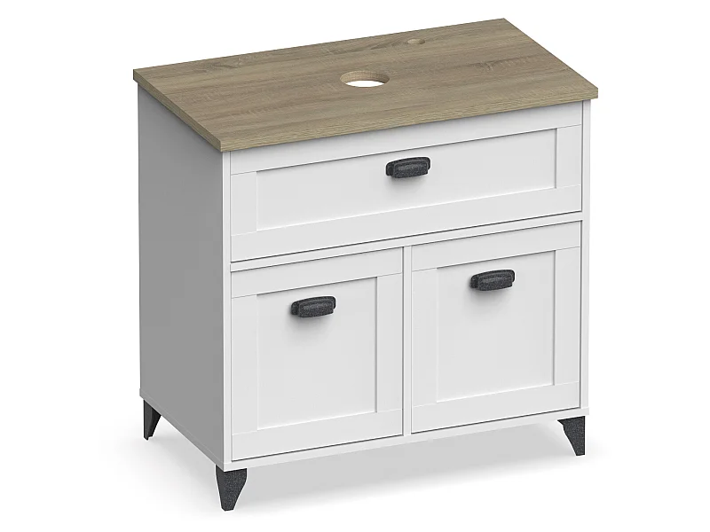 Meuble Vasque 2 portes + 1 tiroir coloris blanc Mat/Cambrian - Hauteur 95 x Longueur 82 x Profondeur 47 cm