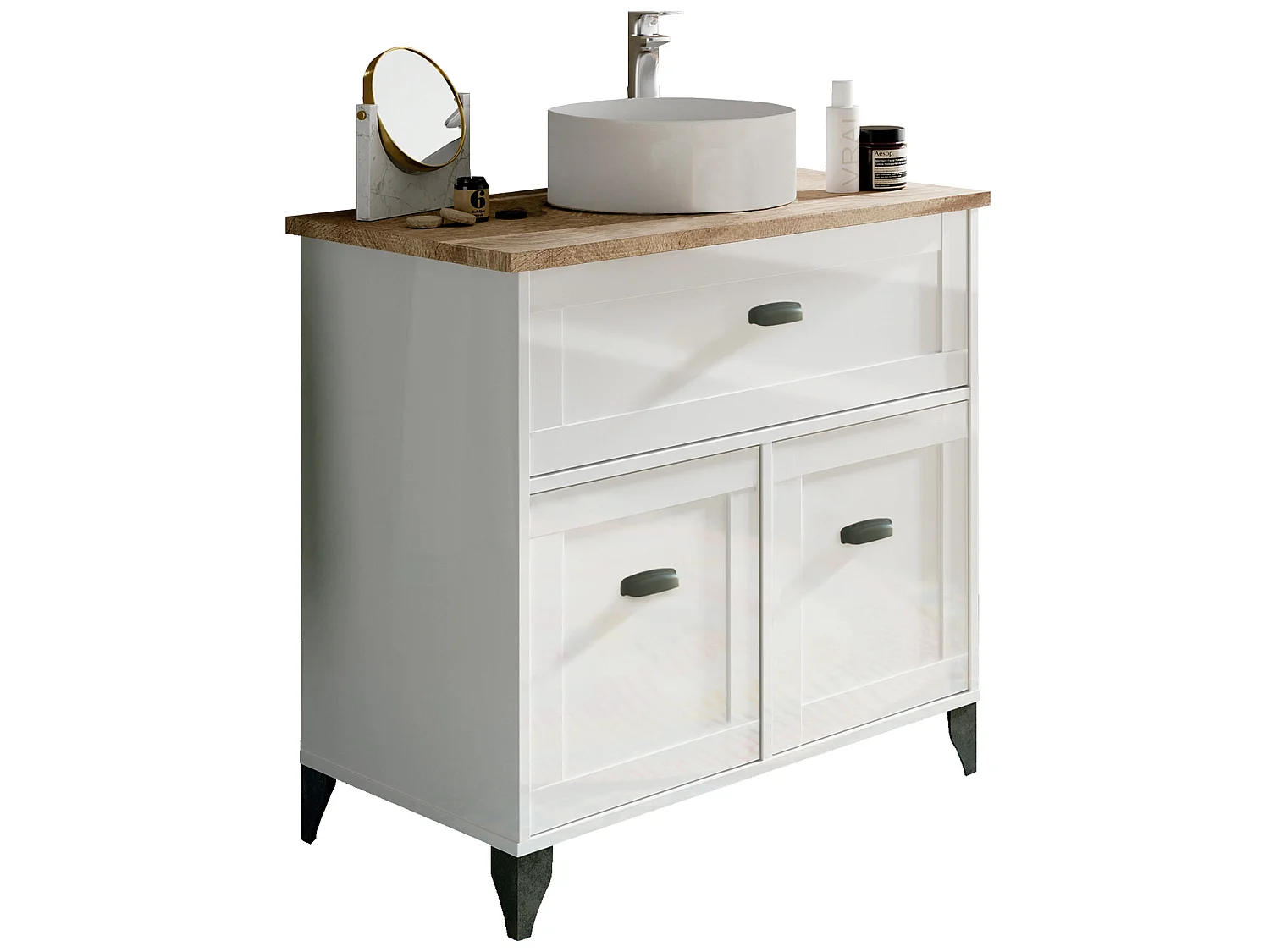 Meuble Vasque 2 portes + 1 tiroir coloris blanc Mat/Cambrian - Hauteur 95 x Longueur 82 x Profondeur 47 cm