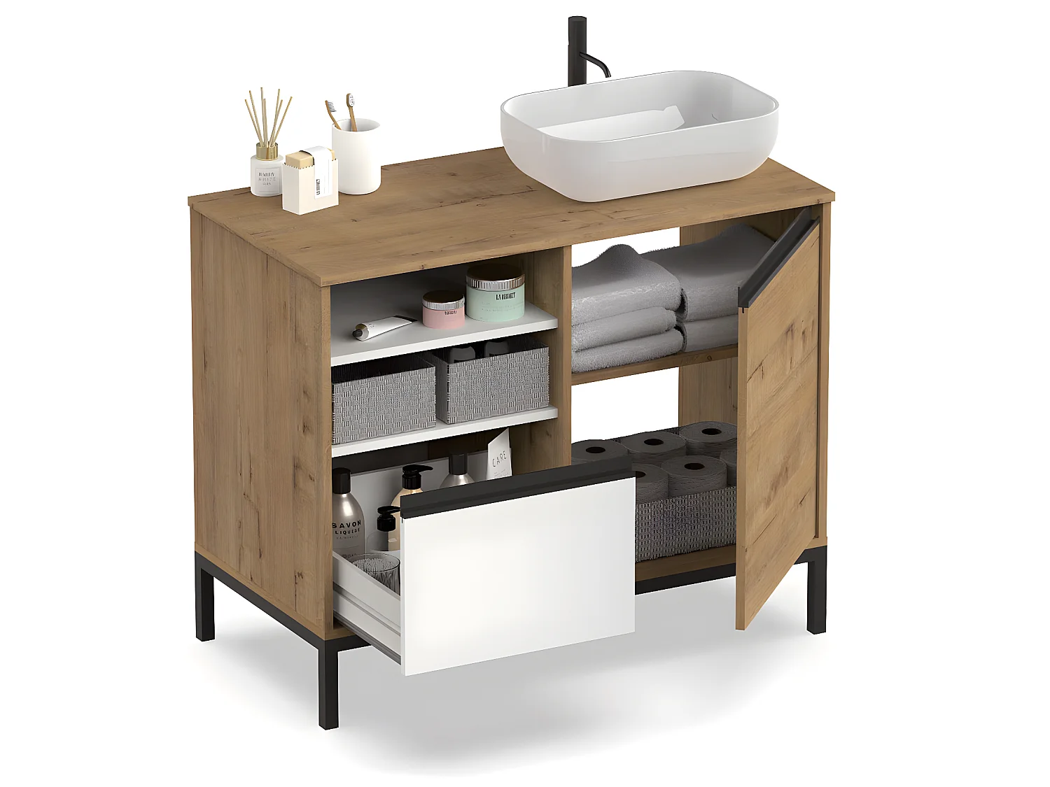 Meuble de salle de bain coloris chêne doré / pieds noir - Hauteur 81 x Longueur 100 x Profondeur 51 cm