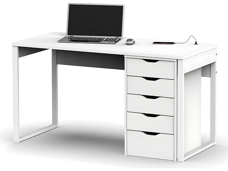 Bureau avec commode de rangement coloris blanc - Hauteur 76 x Longueur 135 x Profondeur 60 cm / Hauteur 71 x Longueur 40 x Profondeur 43 cm