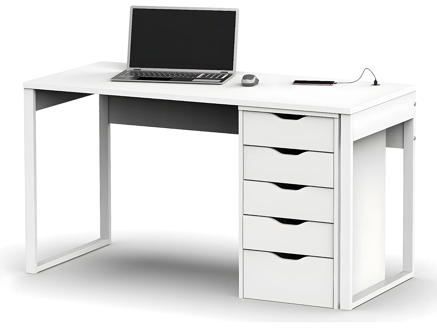 Bureau avec commode de rangement coloris blanc - Hauteur 76 x Longueur 135 x Profondeur 60 cm / Hauteur 71 x Longueur 40 x Profondeur 43 cm