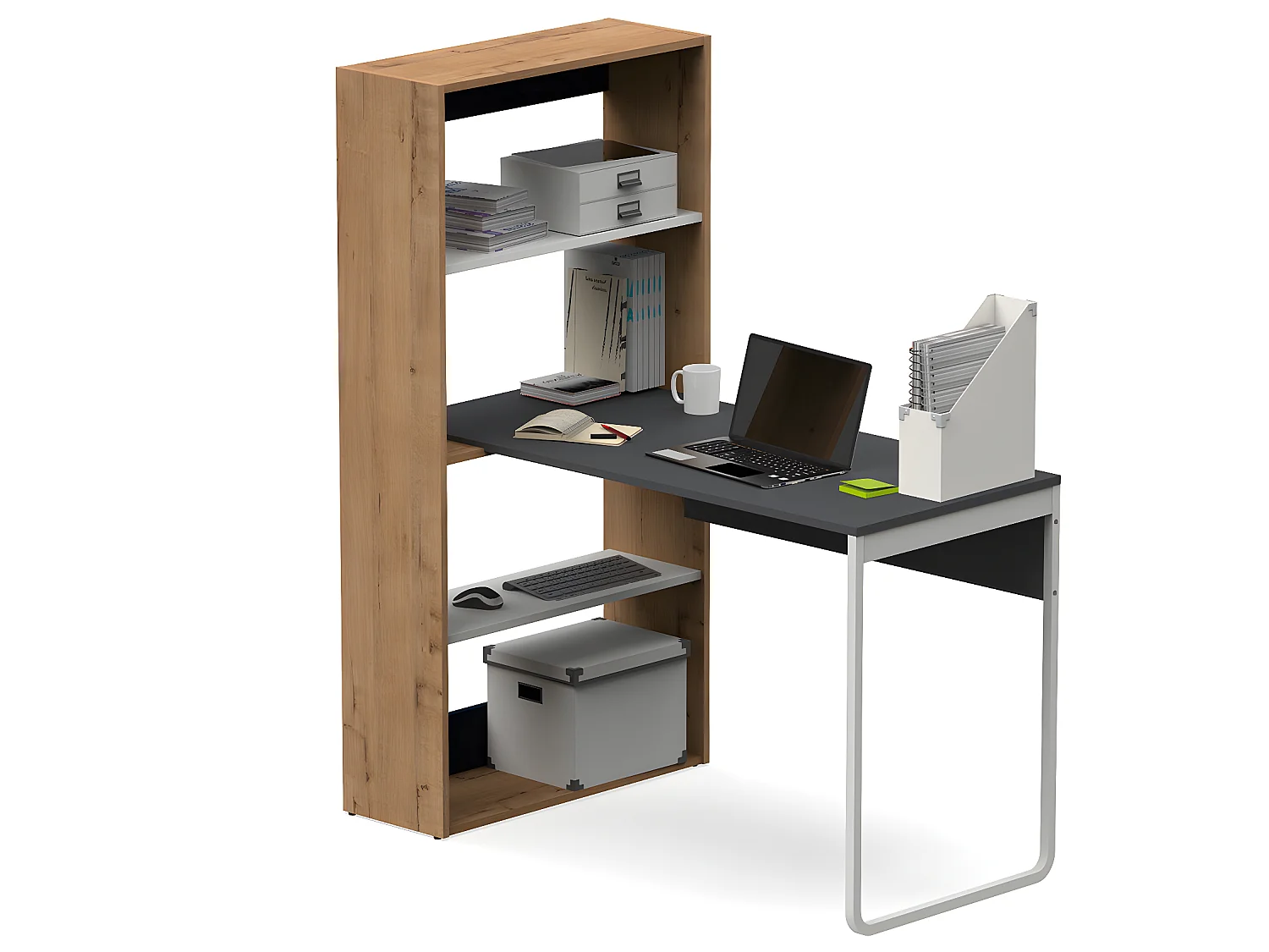 Bureau d'angle modulable coloris chêne doré / gris - Hauteur 143 x Longueur 120 x Profondeur 72 cm