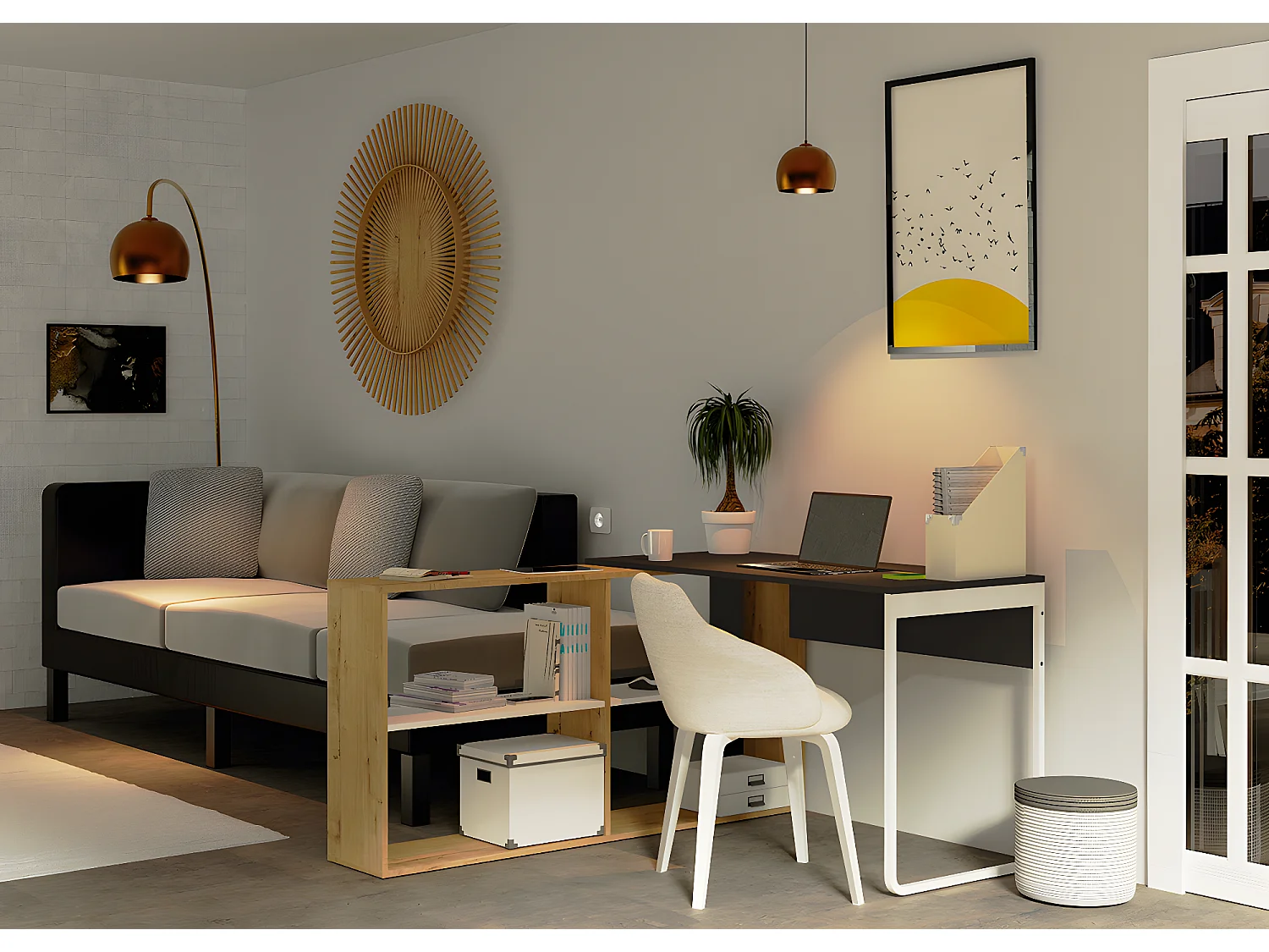 Bureau d'angle modulable coloris chêne doré / gris - Hauteur 143 x Longueur 120 x Profondeur 72 cm