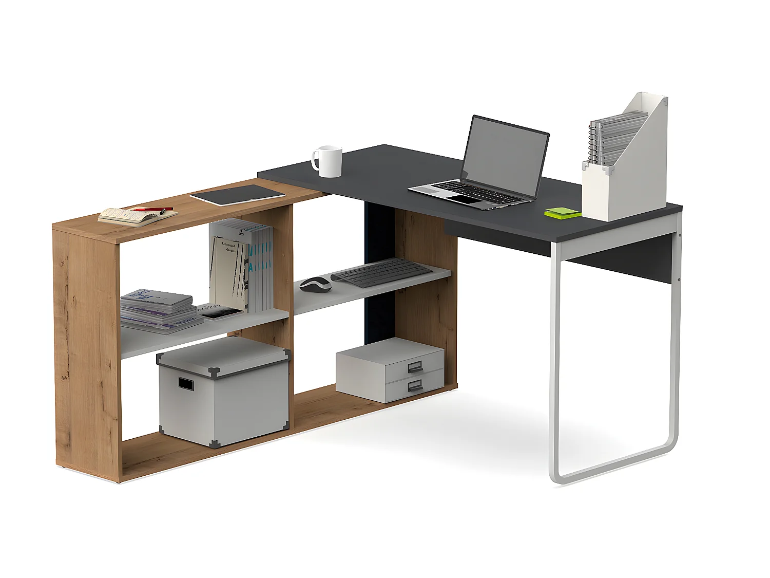 Bureau d'angle modulable coloris chêne doré / gris - Hauteur 143 x Longueur 120 x Profondeur 72 cm