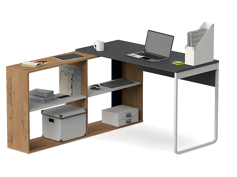 Bureau d'angle modulable coloris chêne doré / gris - Hauteur 143 x Longueur 120 x Profondeur 72 cm