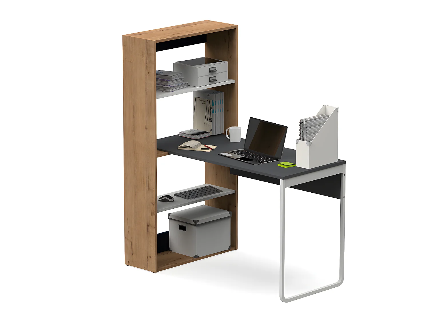 Bureau angulaire réversible coloris chêne doré / gris - Hauteur 143 x Longueur 120 x Profondeur 72 cm