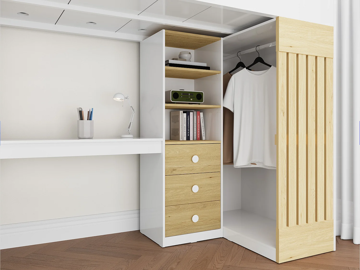 Letto a soppalco 90 x 190 cm con vani scrivania e bastone appendiabiti Bianco e Naturale + Materasso - LORINTI