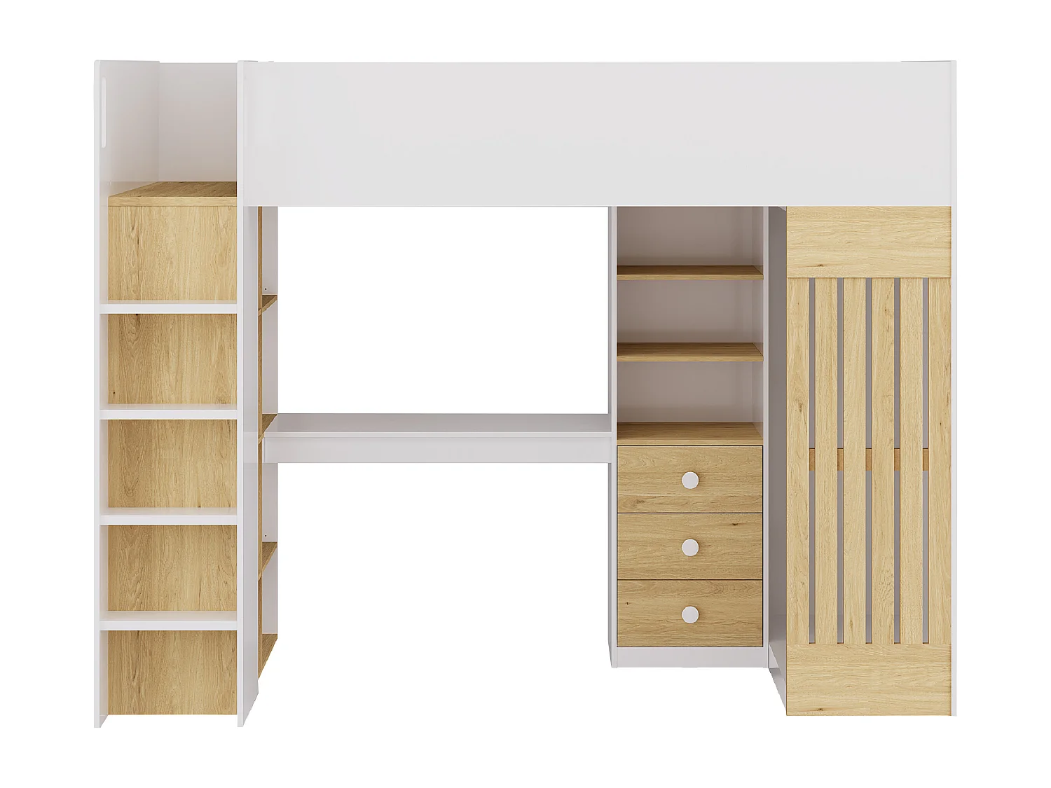 Letto a soppalco 90 x 190 cm con vani scrivania e bastone appendiabiti Bianco e Naturale + Materasso - LORINTI