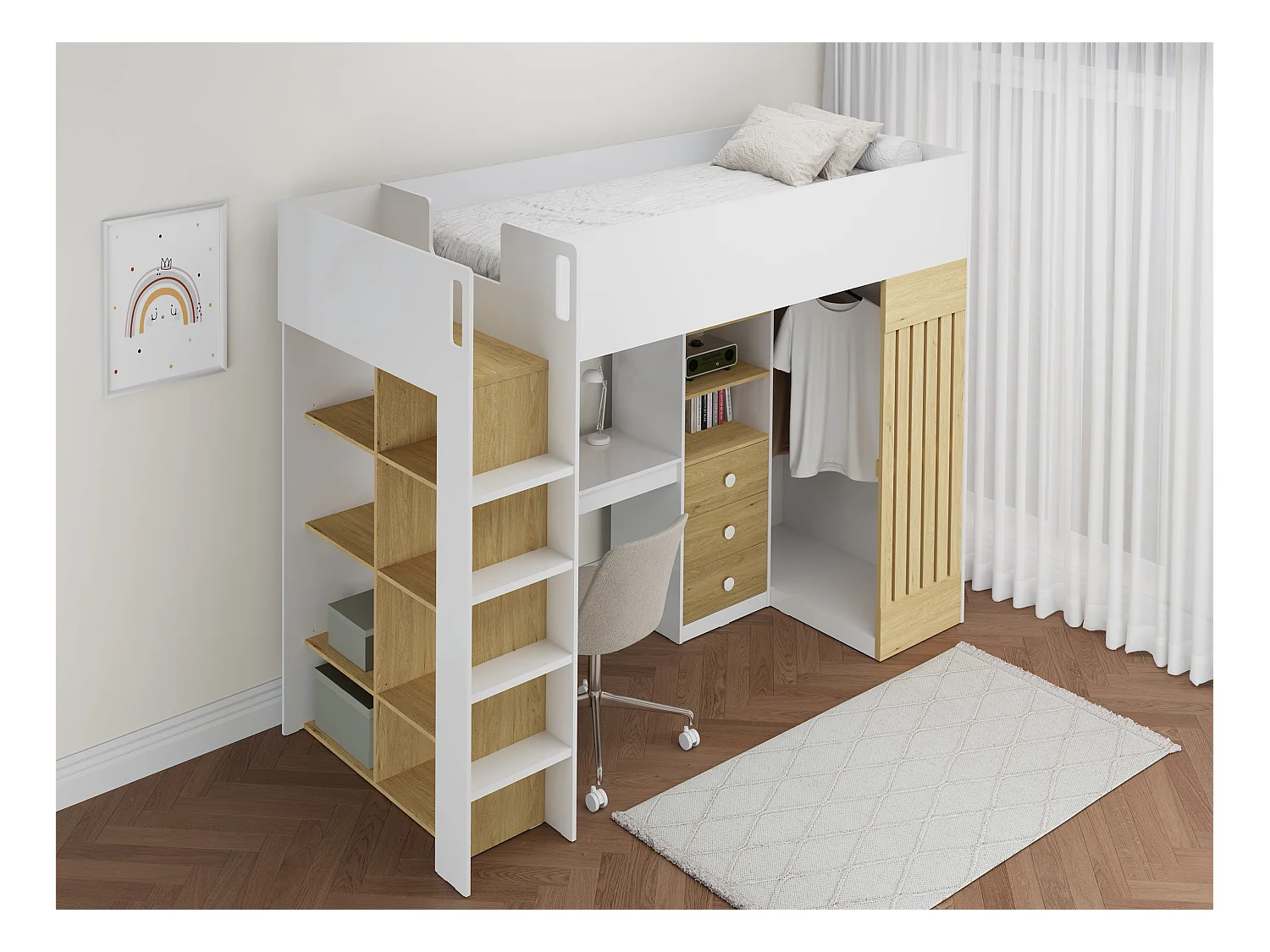 Lit mezzanine 90 x 190 cm avec bureau et penderie - Coloris : Blanc et naturel + Matelas - LORINTI