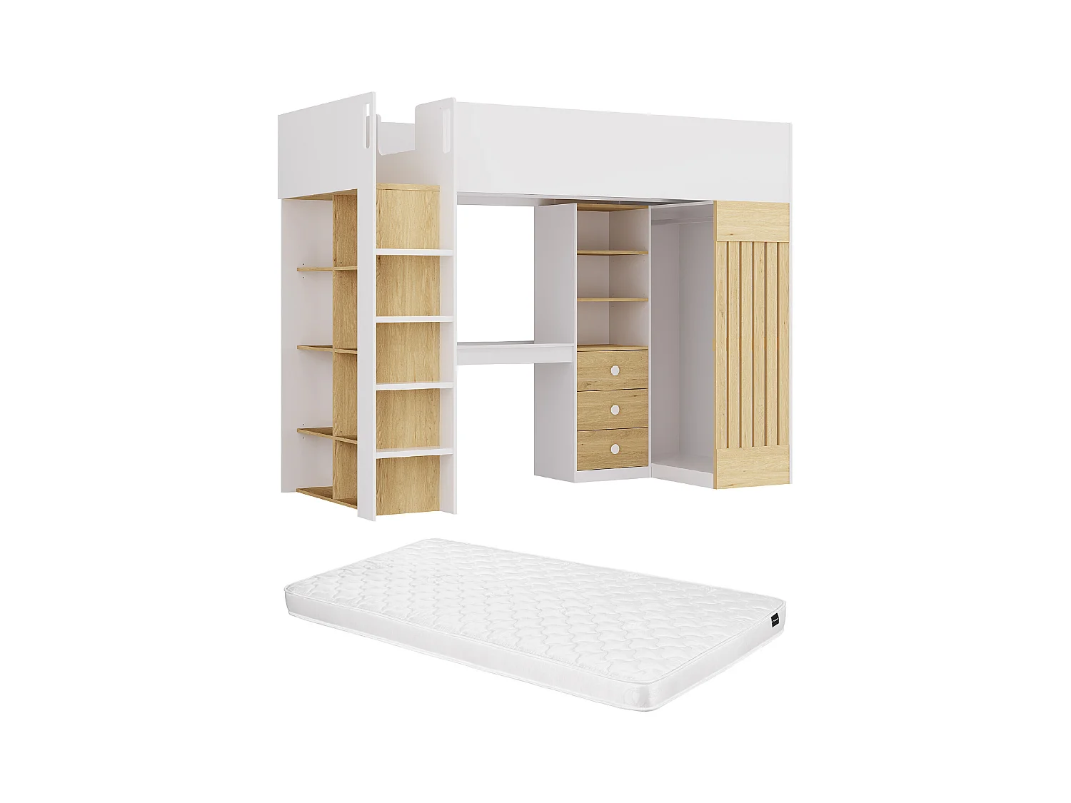 Lit mezzanine 90 x 190 cm avec bureau et penderie - Coloris : Blanc et naturel + Matelas - LORINTI