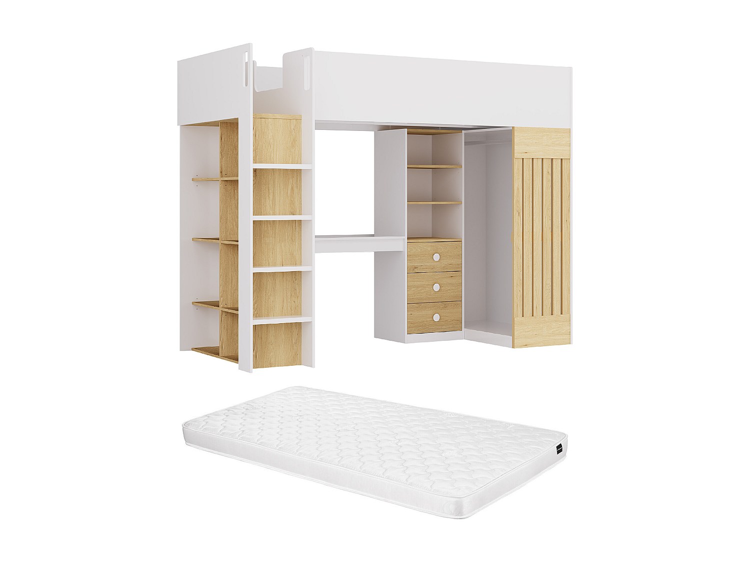 Hochbett mit Schreibtisch & Kleiderstange + Matratze - 90 x 190 cm - Weiß & günstig online kaufen