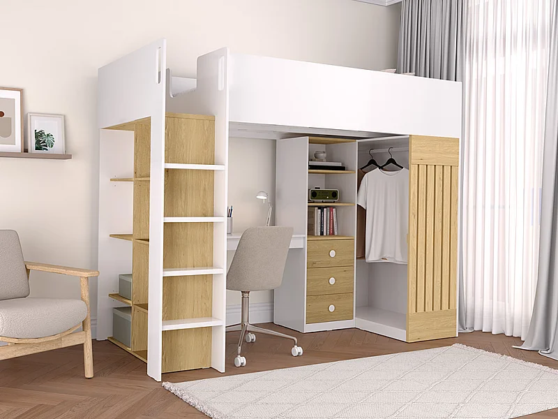 Lit mezzanine 90 x 190 cm avec bureau et penderie - Coloris : Blanc et naturel + Matelas - LORINTI