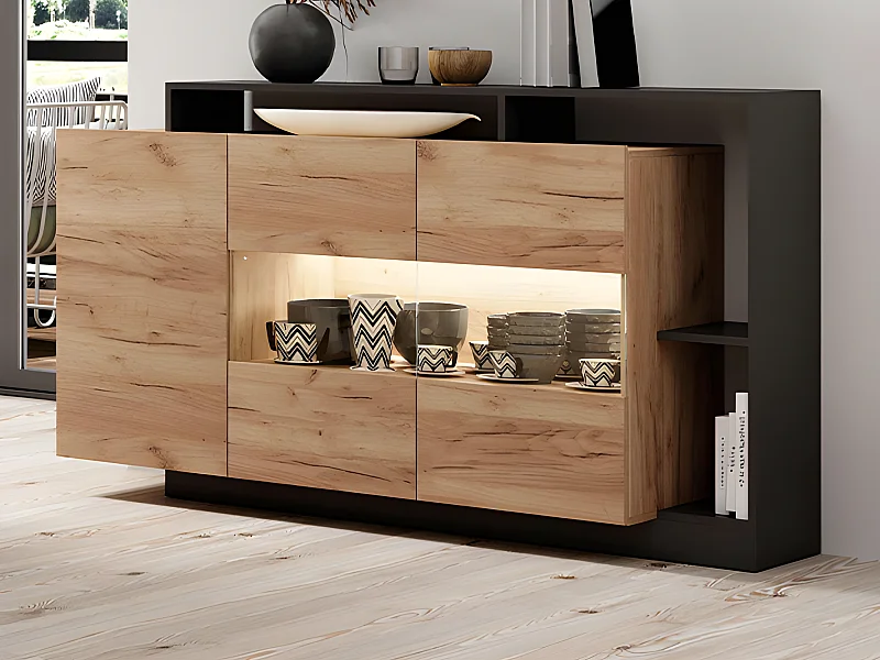 Sideboard mit 3 Türen & 3 Ablagen + LEDs - Anthrazit & Naturfarben - IDESIA