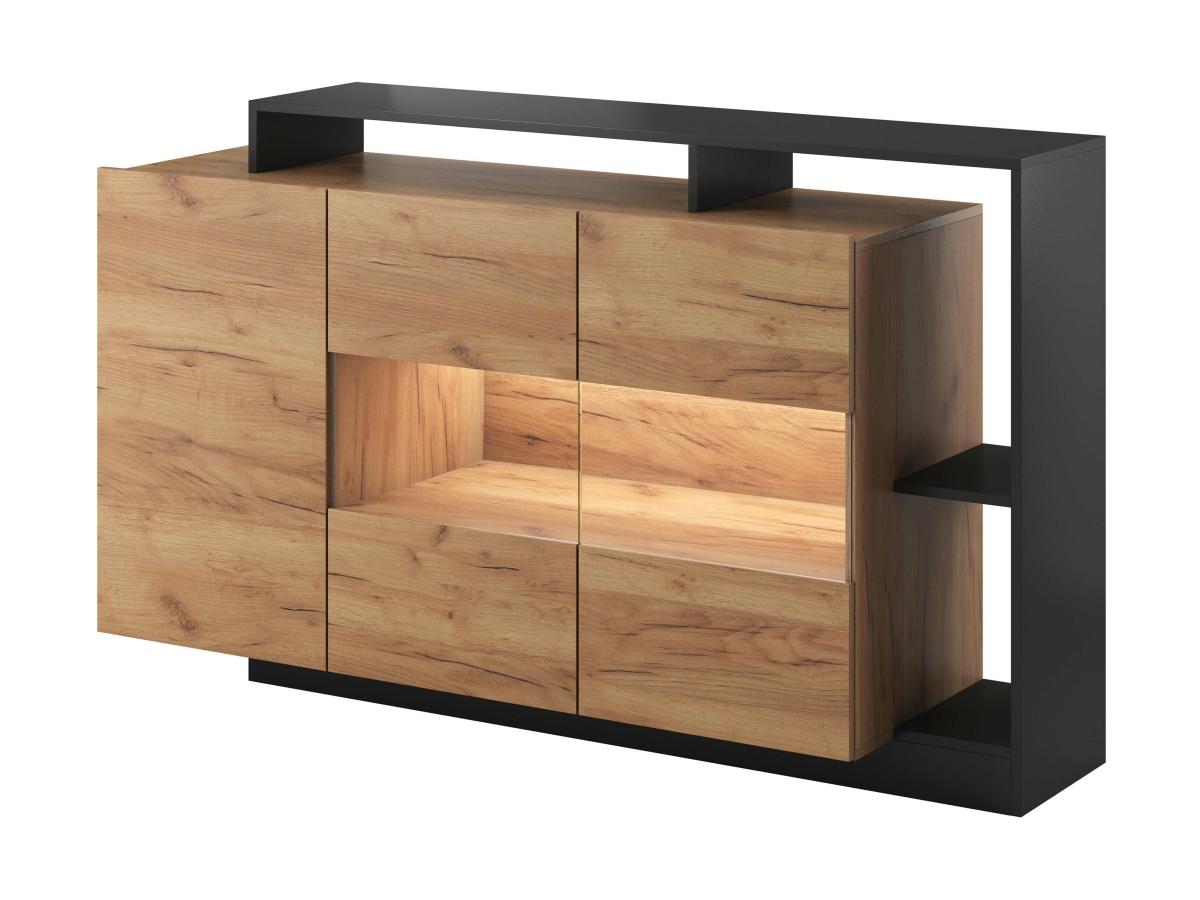 Sideboard mit 3 Türen & 3 Ablagen + LEDs - Anthrazit & Naturfarben - IDESIA günstig online kaufen