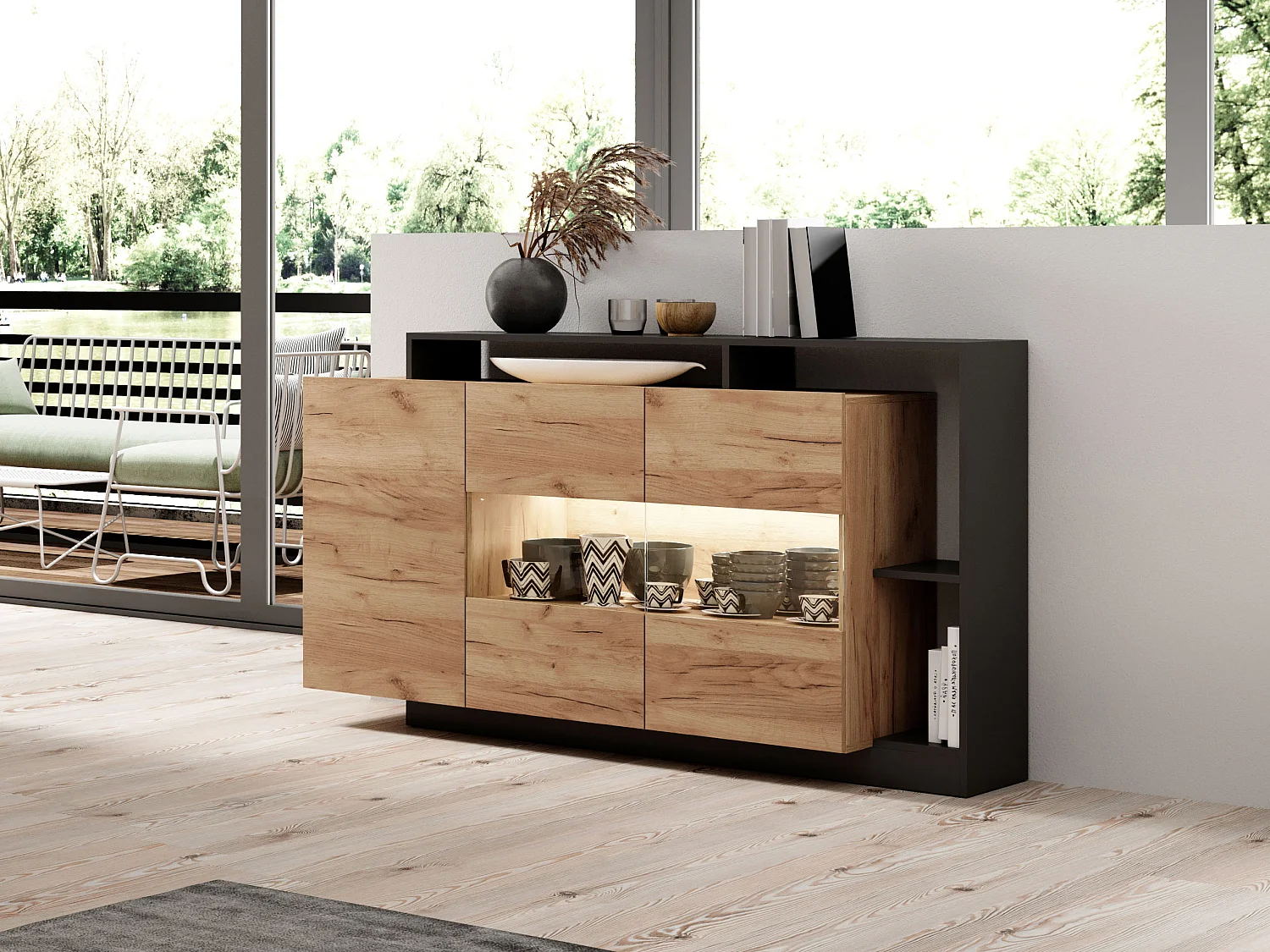 Buffet 3 portes et 3 niches avec LEDs - Coloris : Naturel et anthracite - IDESIA