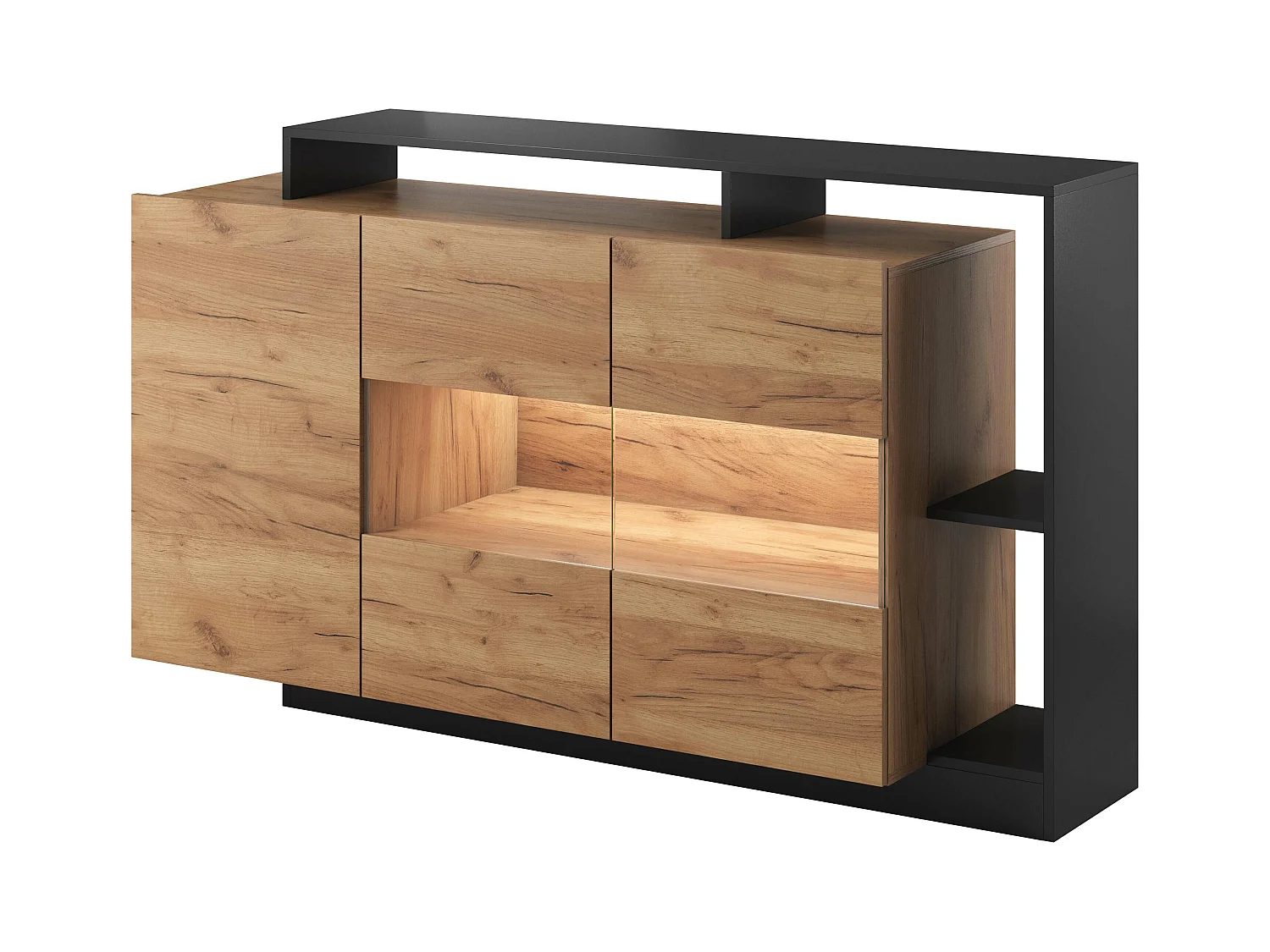 Sideboard mit 3 Türen & 3 Ablagen + LEDs - Anthrazit & Naturfarben - IDESIA