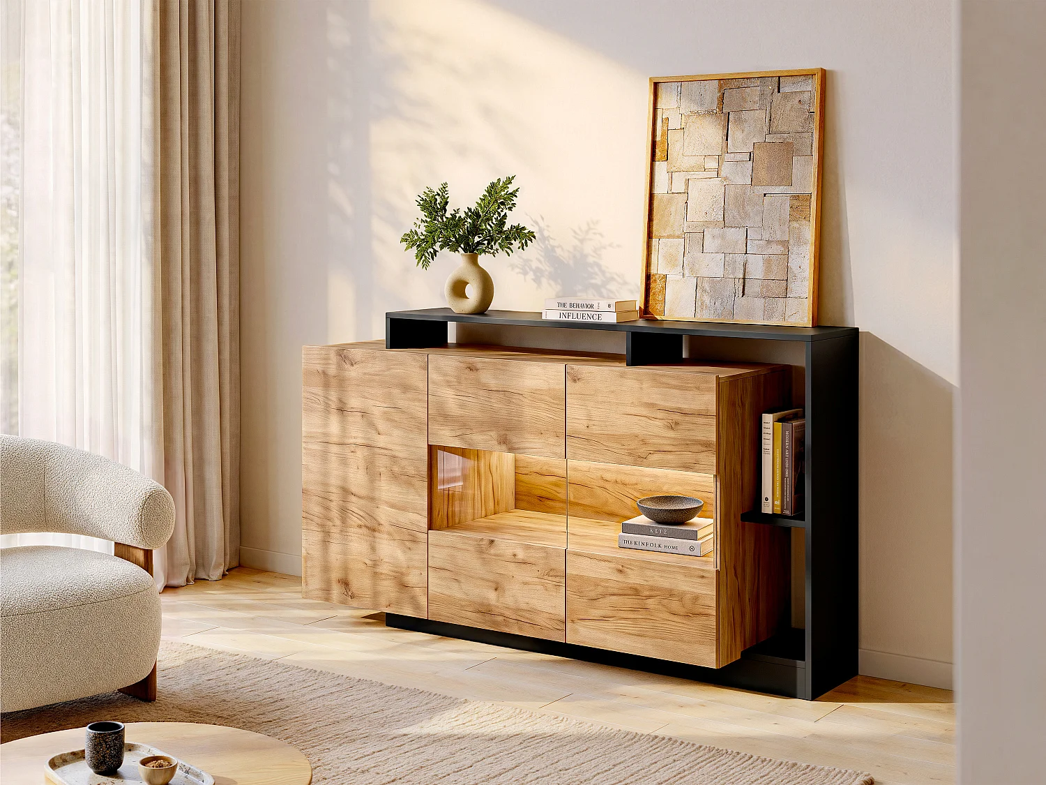 Aparador de 3 puertas y 3 estantes - Con LEDs - Color: natural y antracita - IDESIA
