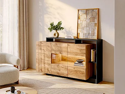 Buffet 3 portes et 3 niches avec LEDs - Coloris : Naturel et anthracite - IDESIA