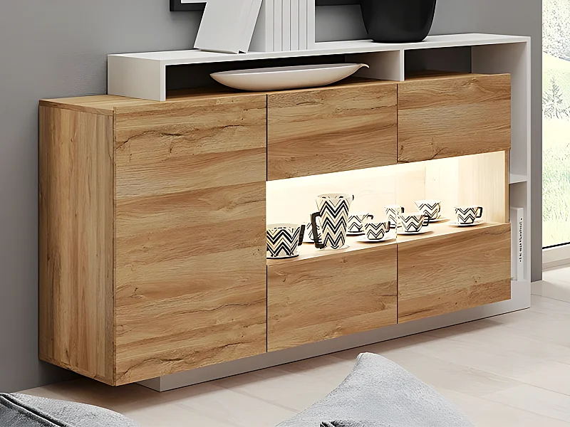 Buffet 3 portes et 3 niches avec LEDs - Coloris : Naturel et blanc - IDESIA