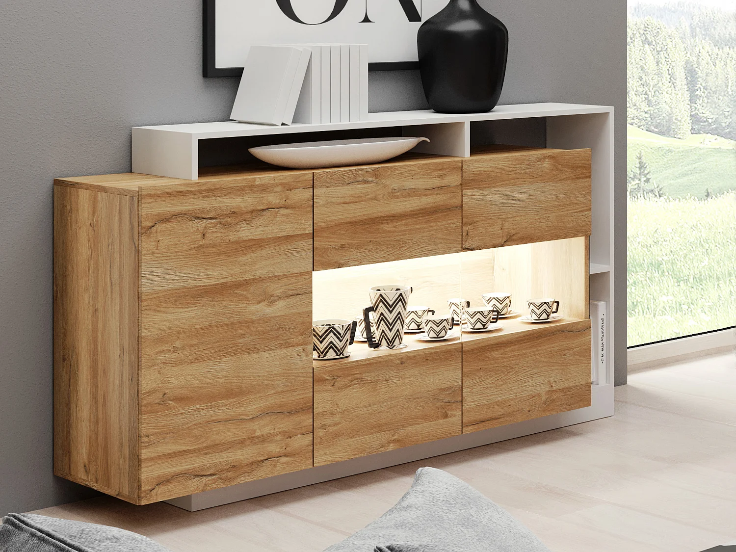 Buffet 3 portes et 3 niches avec LEDs - Coloris : Naturel et blanc - IDESIA
