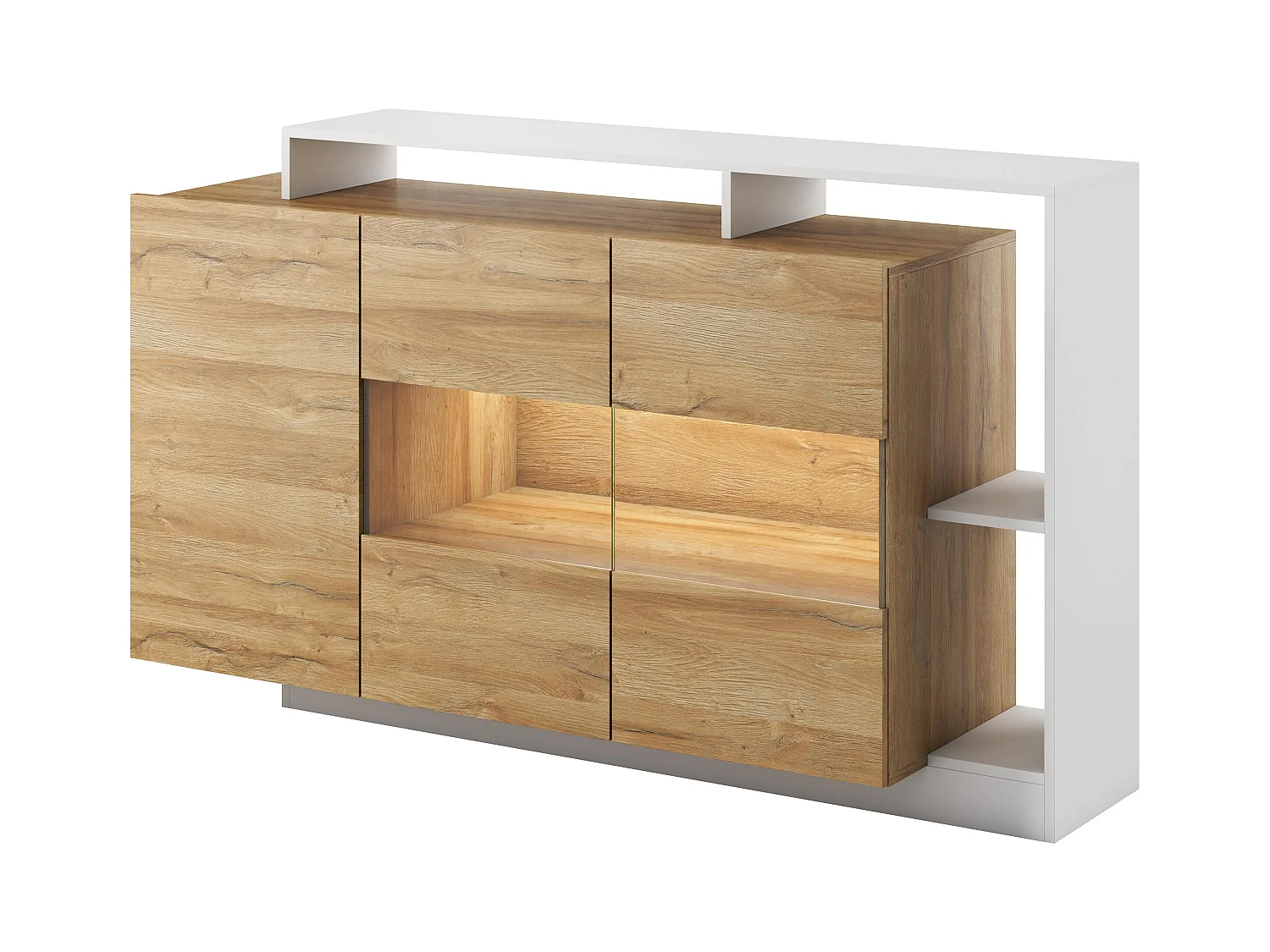 Aparador de 3 puertas y 3 estantes - Con LEDs - Color: natural y blanco IDESIA