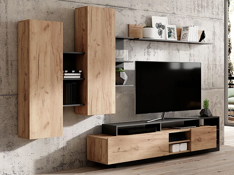 Mur TV avec rangements - Coloris : Naturel et anthracite - IDESIA