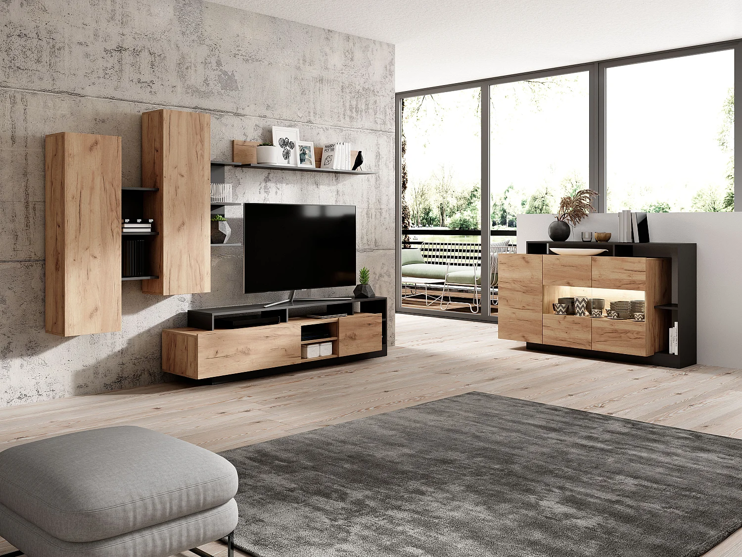 Mur TV avec rangements - Coloris : Naturel et anthracite - IDESIA